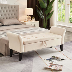 HAOYYE 51.5" Bed Bench with Storage Beige Velvet Sturdy Space-Saving Heavy Duty Modern Design Adults Dorm Room Easy Assembly Bedroom Furniture