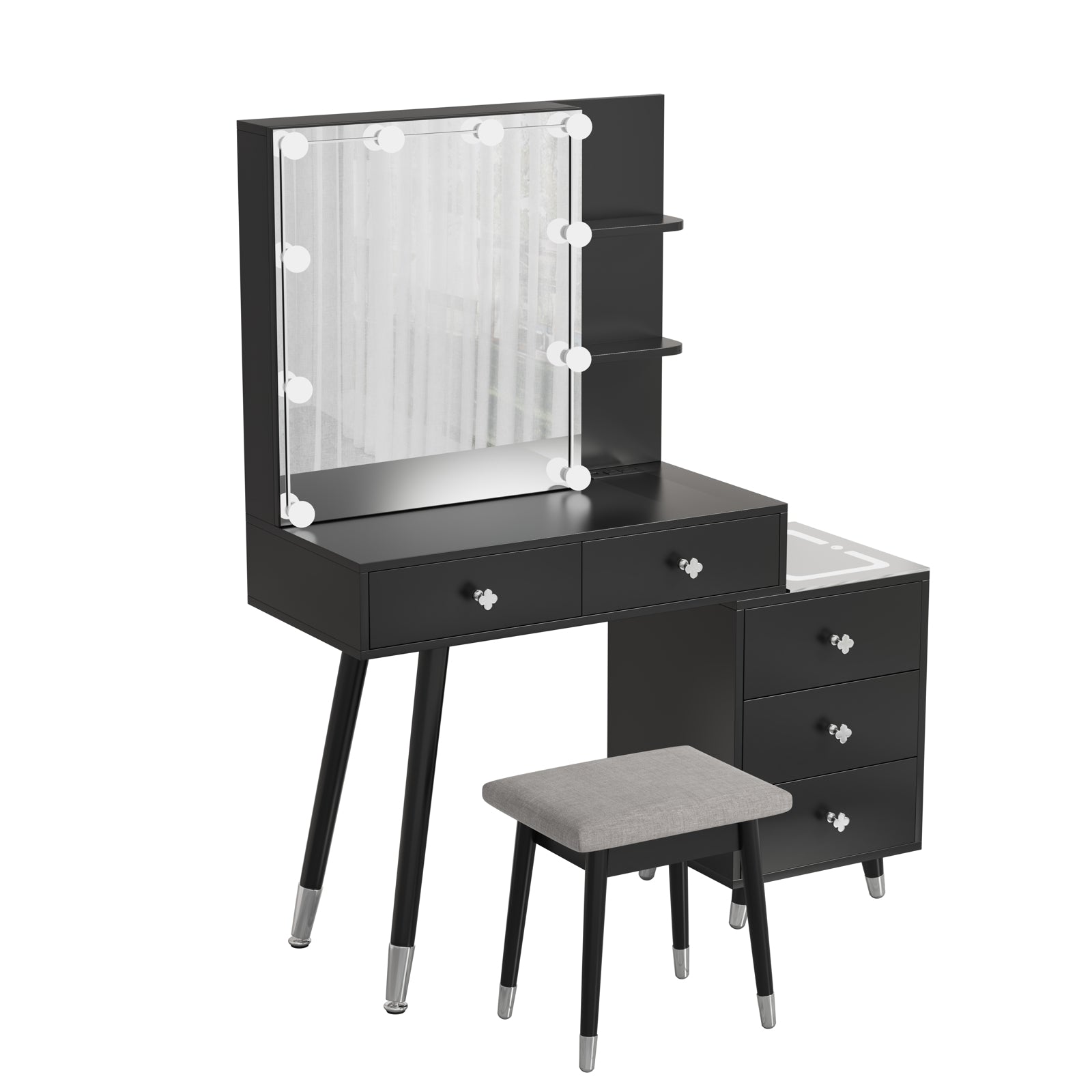HAOYYE Vanity Table with LED Three-Tone Mirror, 5 Drawers, 2-Layer Shelf, Mirror Cabinet, Pitted Particle Board with Triamine Coating, Solid Wood Legs with Copper Sheath, Makeup Table for Bedroom, Dressing Room, or Bathroom