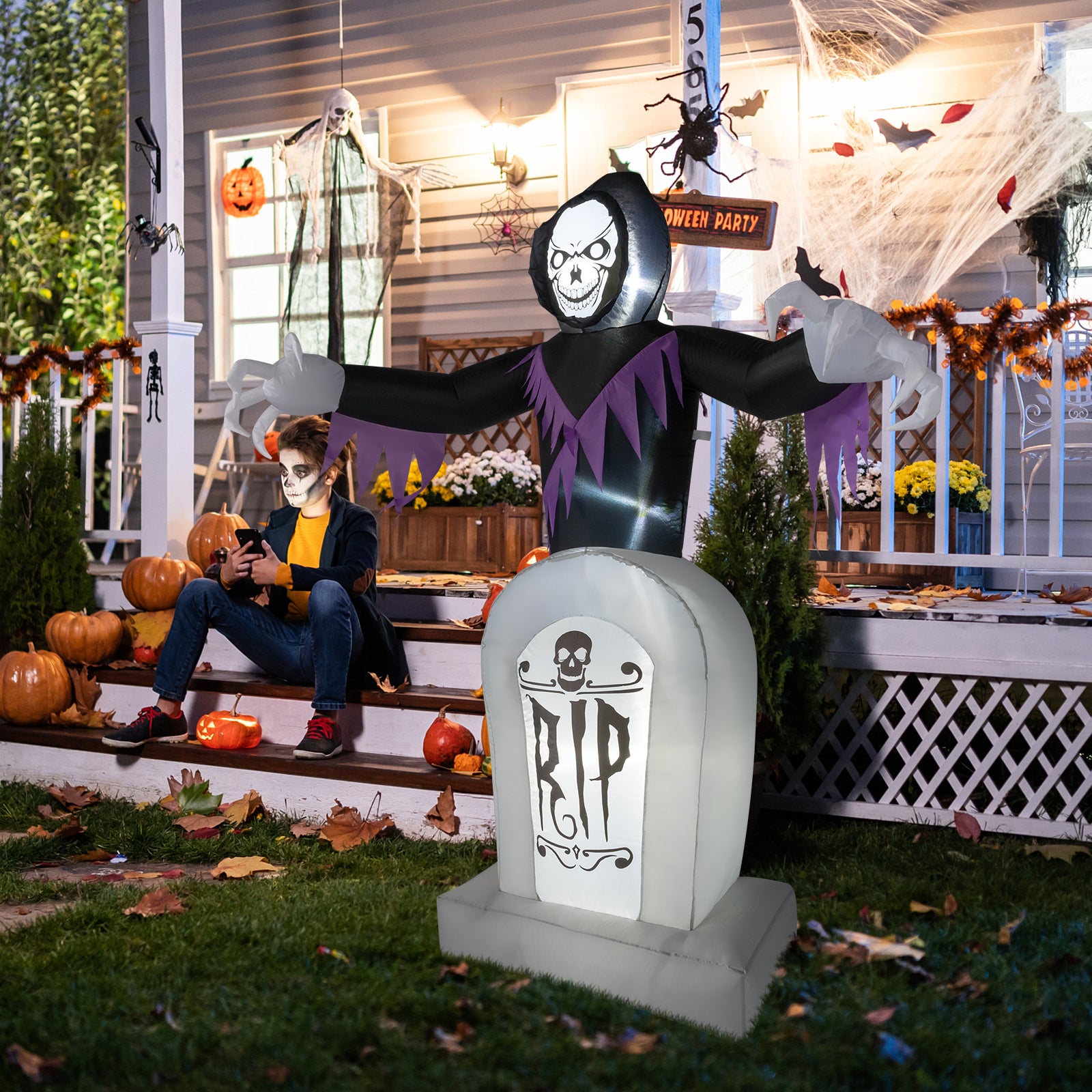 HAOYYE Halloween Inflatable Decoration Black 3-Piece Grim Reaper and Grave Set with LED String Lights Powerful Blower Easy Setup Waterproof Polyester for Garden Yard Lawn Patio Outdoor Party