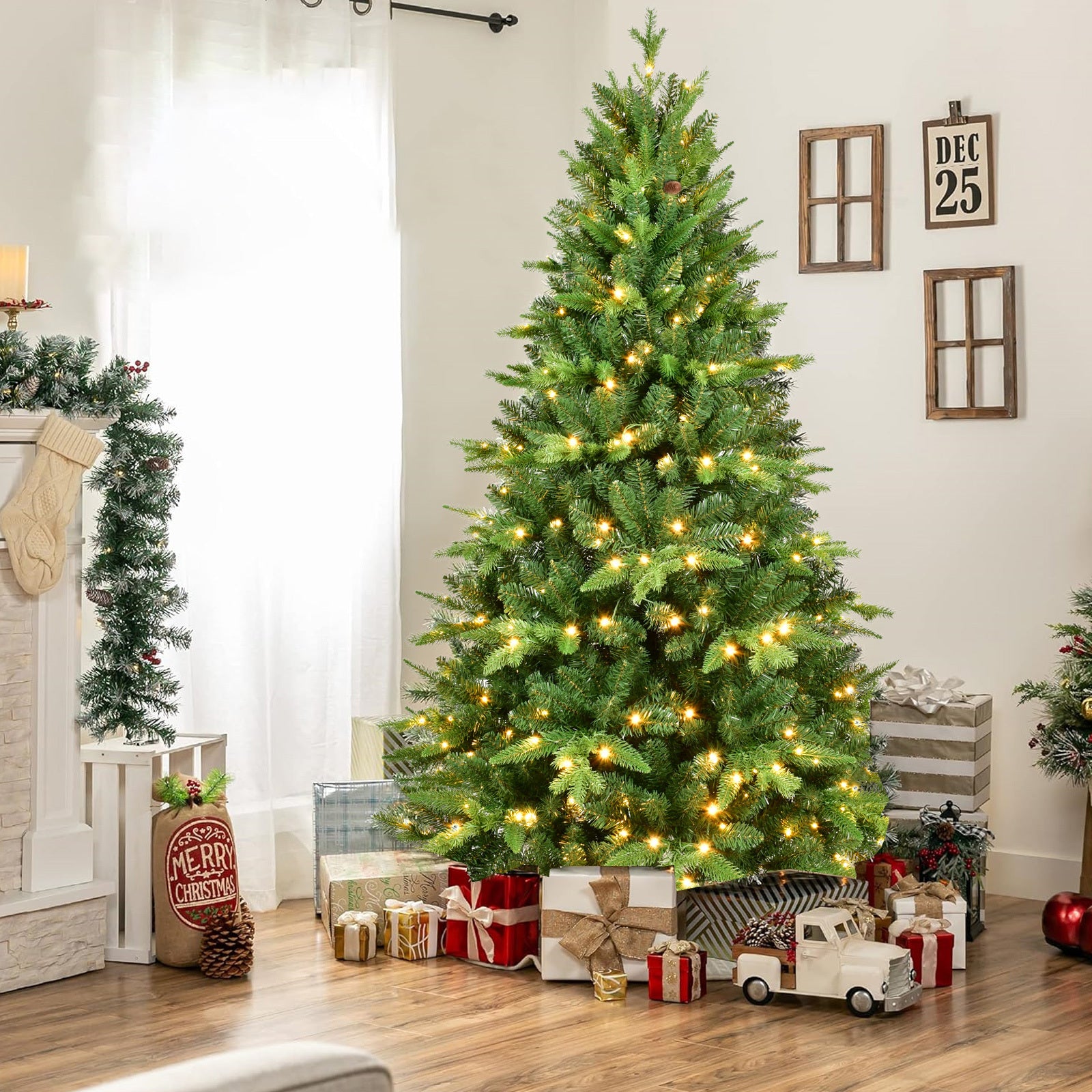 HAOYYE 5FT PE And PVC Christmas Tree with Lights, Unique Christmas Tree Prelit with 850 Branch Tips, 250 Warm White LEDs and Metal Stand, Aritificial Christmas Tree Sturdy Space-Saving Heavy Duty Adults