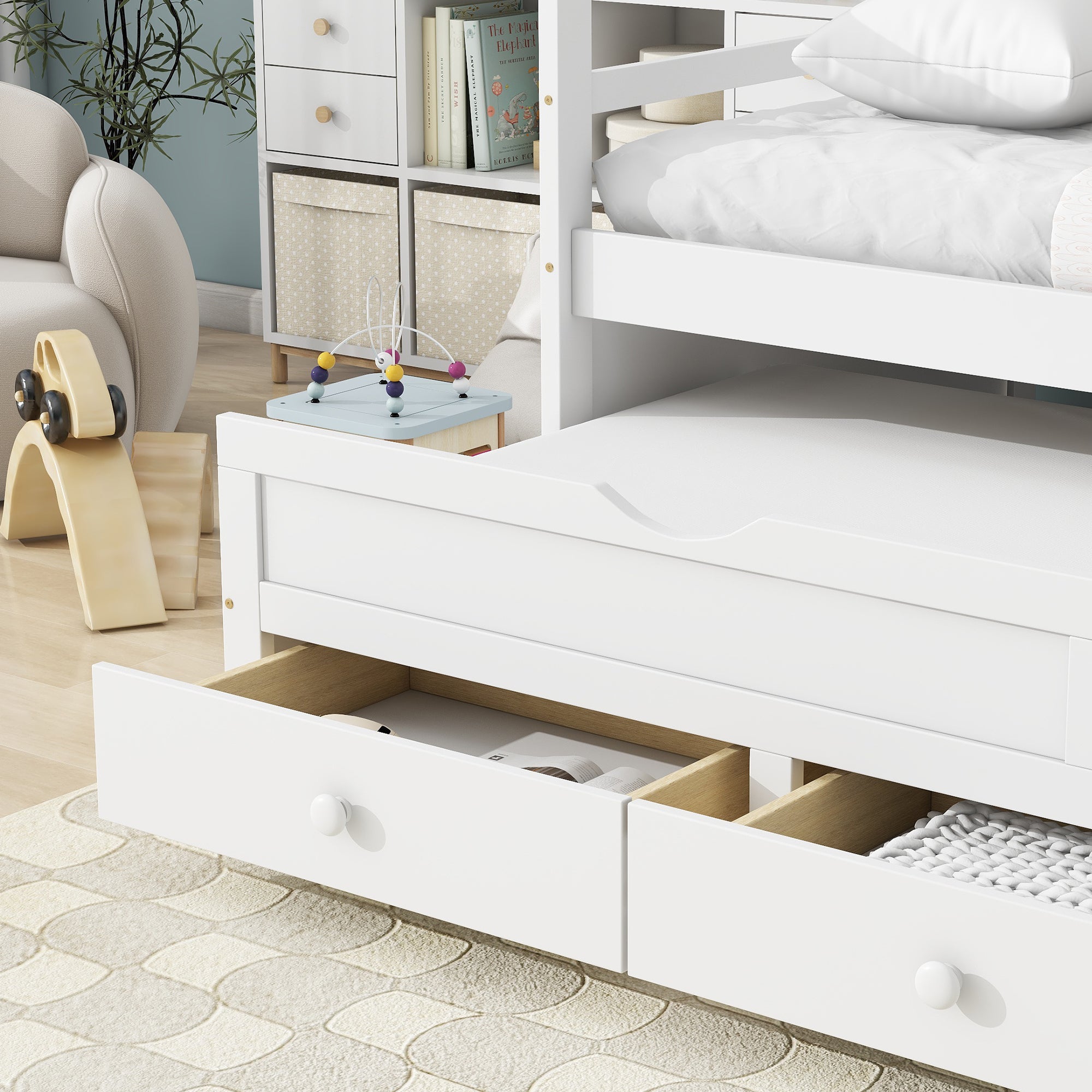 HAOYYE Twin Bed with Headboard, Footboard, Trundle and Storage Drawers, Pine Wood Twin Size Bed, White, Sturdy Space-Saving Heavy Duty Construction, Ideal for Adults and Dorm Rooms