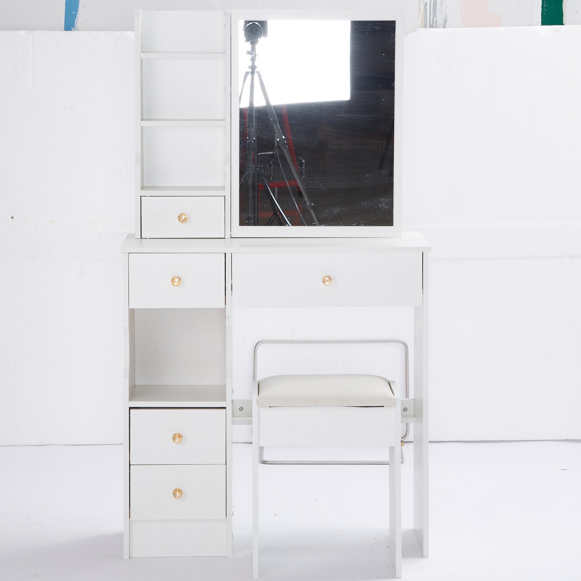HAOYYE Small Size Left Drawer Desktop Vanity Table + Cushioned Stool, Extra Large Sliding Mirror, Multi Layer, High Capacity Storage Fashionable Dresser, Suitable for Small Space, EPA,GCC,UL Certificate