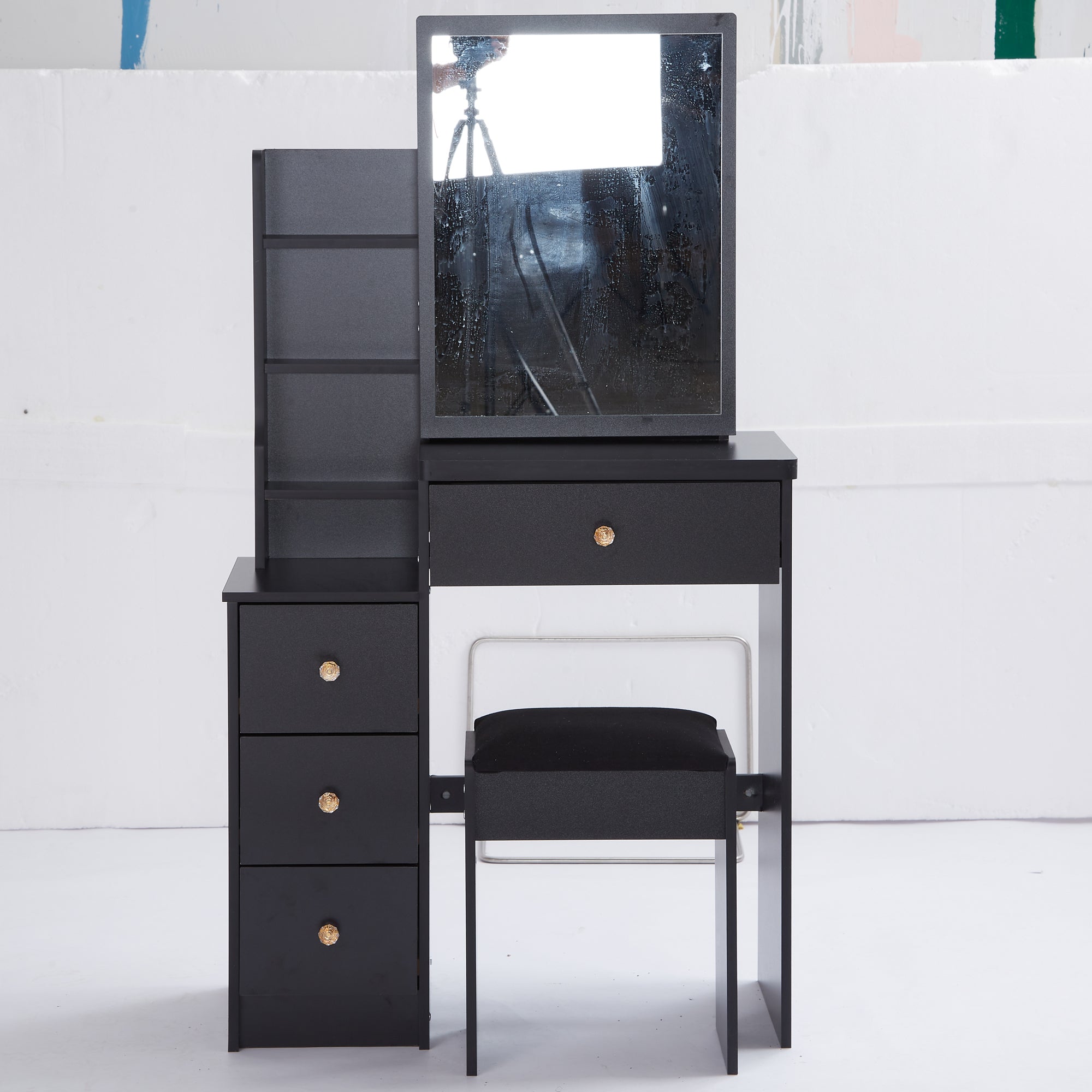 HAOYYE Compact Left-Side Bedside Vanity Table With Cushioned Stool, Sliding Mirror, Multi-Layer High Capacity Storage, Stylish Design, Perfect For Small Spaces, Certified EPA, GCC, UL