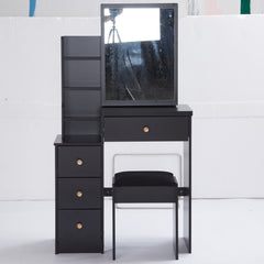 HAOYYE Compact Left-Side Bedside Vanity Table With Cushioned Stool, Sliding Mirror, Multi-Layer High Capacity Storage, Stylish Design, Perfect For Small Spaces, Certified EPA, GCC, UL