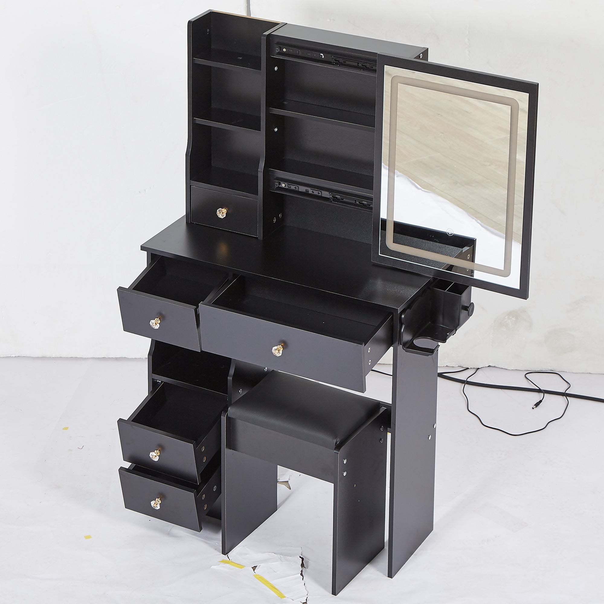 HAOYYE Compact Vanity Table With Left Drawer, Cushioned Stool, Touch-Control LED Mirror, Tri-Color Lighting, 2 AC & 2 USB Power Outlets, Hair Dryer Bracket, Certified by EPA, GCC, and UL
