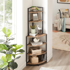 DE Direct HAOYYE 6-Tier Corner Shelf Modern Open Bookcase Wood Storage Rack Freestanding Display Stand for Plants Albums and Décor Space-Saving Bookshelf for Living Room Home Office Kitchen Rustic Brown
