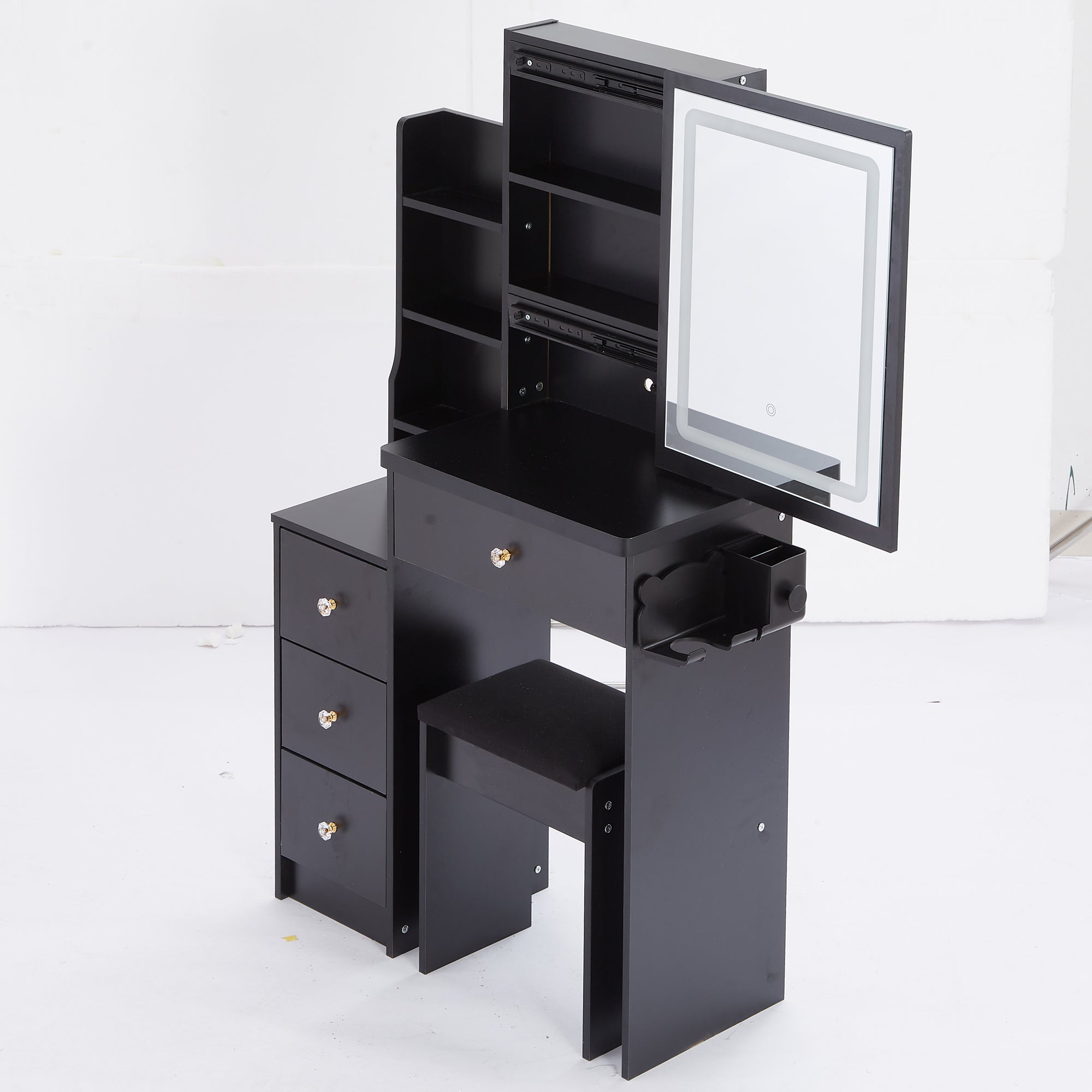 HAOYYE Small Size Left Bedside Cabinet Vanity Table + Cushioned Stool, 2 AC+2 USB Power Station, Hair dryer bracket, Extra Large Touch Control Sliding LED Mirror, Tri-color Switching, EPA,GCC,UL Certificate