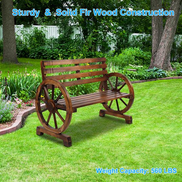 HAOYYE Rustic 2-Person Wooden Wagon Wheel Bench with Slatted Seat and Backrest, Durable Outdoor Bench for Patio, Garden, or Backyard, Comfortable and Stylish, Perfect for Relaxing and Enjoying the Outdoors