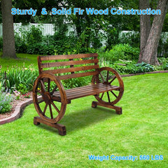 HAOYYE Rustic 2-Person Wooden Wagon Wheel Bench with Slatted Seat and Backrest, Durable Outdoor Bench for Patio, Garden, or Backyard, Comfortable and Stylish, Perfect for Relaxing and Enjoying the Outdoors