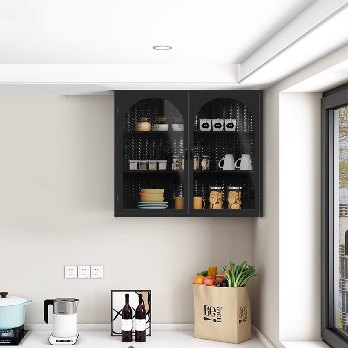 HAOYYE 27.56"Glass Doors Modern Two-door Wall Cabinet with Featuring Three-tier Storage for Entryway Living Room Bathroom Dining Room,Wall Cabinet with Characteristic Woven Pattern,Black Sturdy Space-Saving