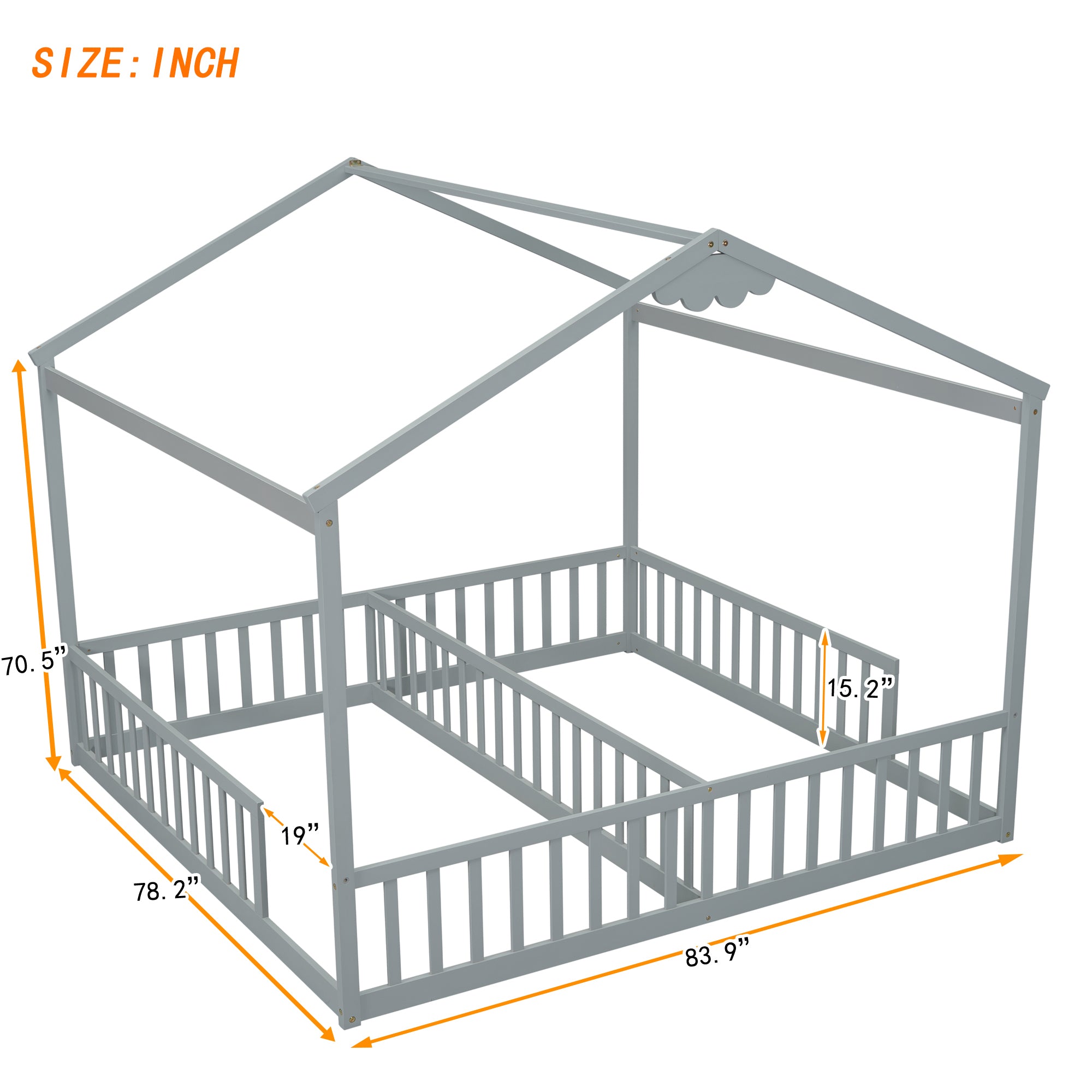 HAOYYE Double Twin House-Style Floor Bed with Fence, Guardrails, without door, Grey Sturdy Space-Saving Heavy Duty Modern Design Adults Dorm Room Easy Assembly Bedroom Furniture