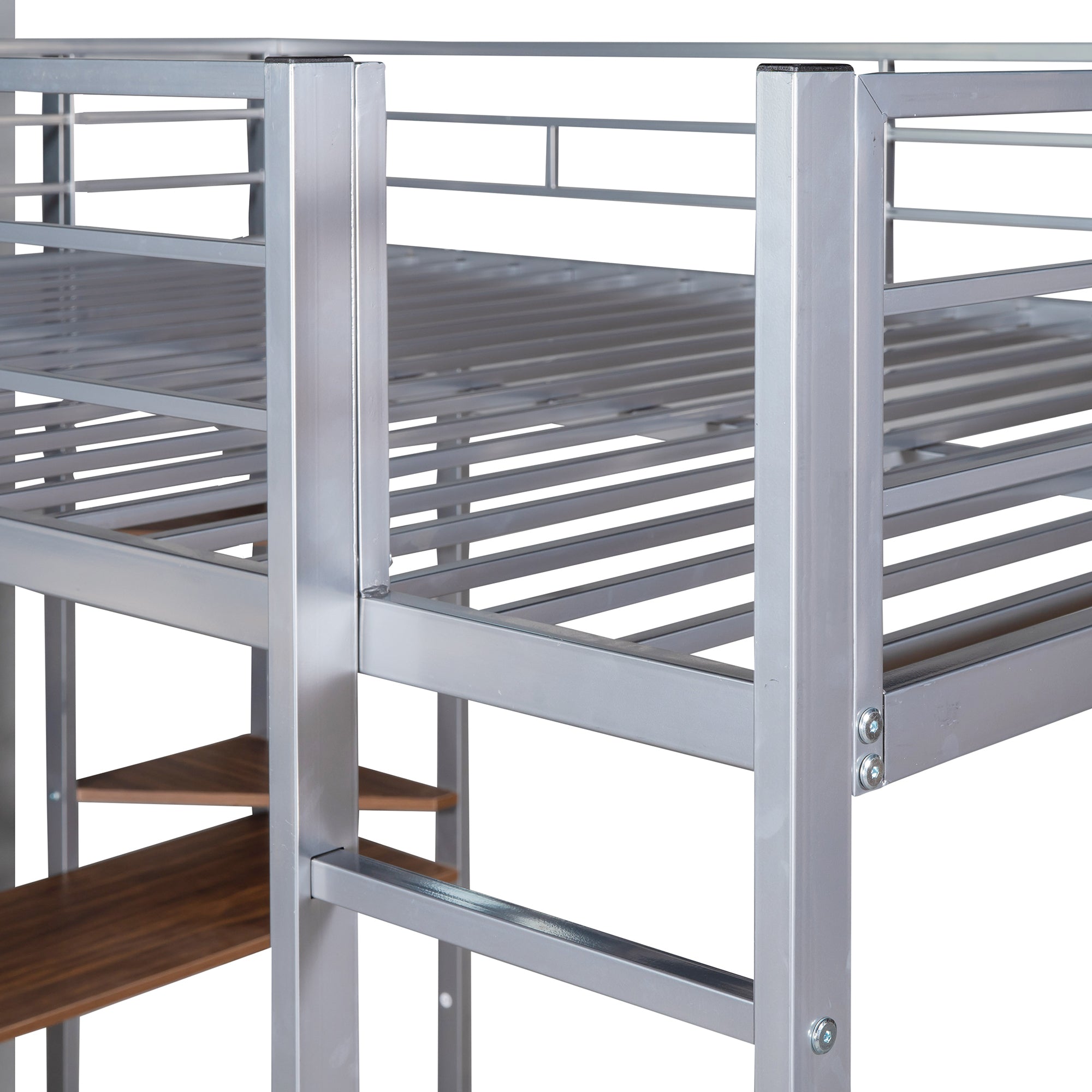 HAOYYE Full Size Metal Loft Bed with 2 Built-in Shelves & Desk, Silver – Space-Saving Design with Sturdy Metal Frame, Includes Full-Length Guardrails & Ladder, No Box Spring Needed, Perfect for Small Bedrooms & Dorm Rooms