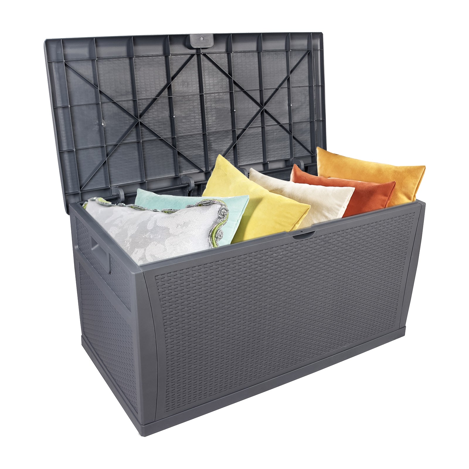 HAOYYE 120 Gallon Outdoor Plastic Storage Deck Box Waterproof Lockable Garden Chest with Lid for Patio Tools Cushions Pool Accessories Toys Backyard Bench Style Container with Seating Function 460 Liter Capacity