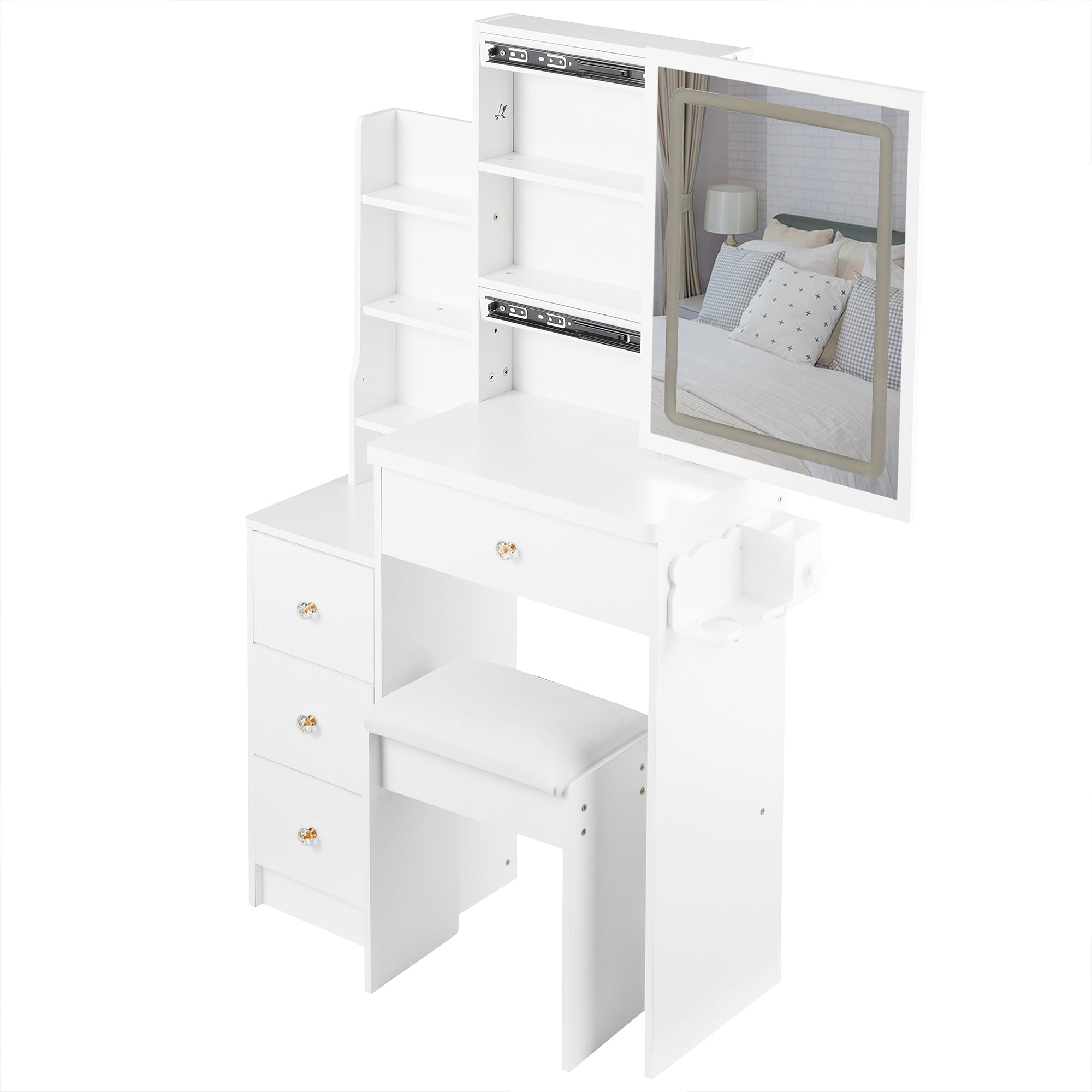 HAOYYE Small Size Left Bedside Cabinet Vanity Table + Cushioned Stool, 2 AC+2 USB Power Station, Hair dryer bracket, Extra Large Touch Control Sliding LED Mirror, Tri-color Switching, EPA,GCC,UL Certificate