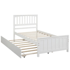 HAOYYE Twin size Platform Bed with Trundle, White Sturdy Space-Saving Heavy Duty Modern Design Easy Assembly Durable Stylish Home Furniture Versatile