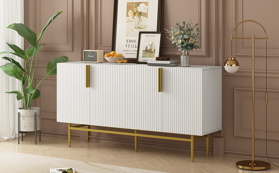 HAOYYE Modern Elegant 4-door Sideboard Gold Metal Handle Buffet Cabinet for Dining Room, Living Room, Bedroom, Hallway (White) Sturdy Space-Saving Heavy Duty Modern Design Adults Dorm Room