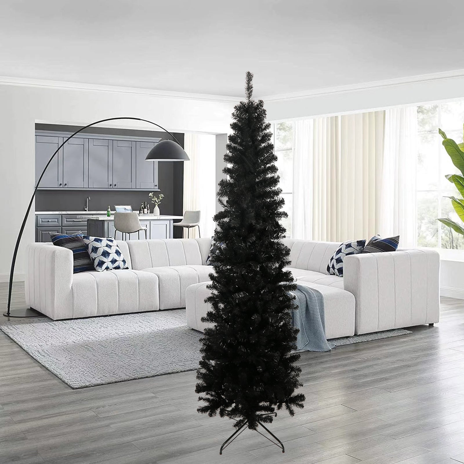HAOYYE 7.5FT Black Slim Artificial Christmas Tree Includes Foldable Metal Stand Sturdy Space-Saving Heavy Duty Modern Design Adults Dorm Room Easy Assembly Bedroom Furniture