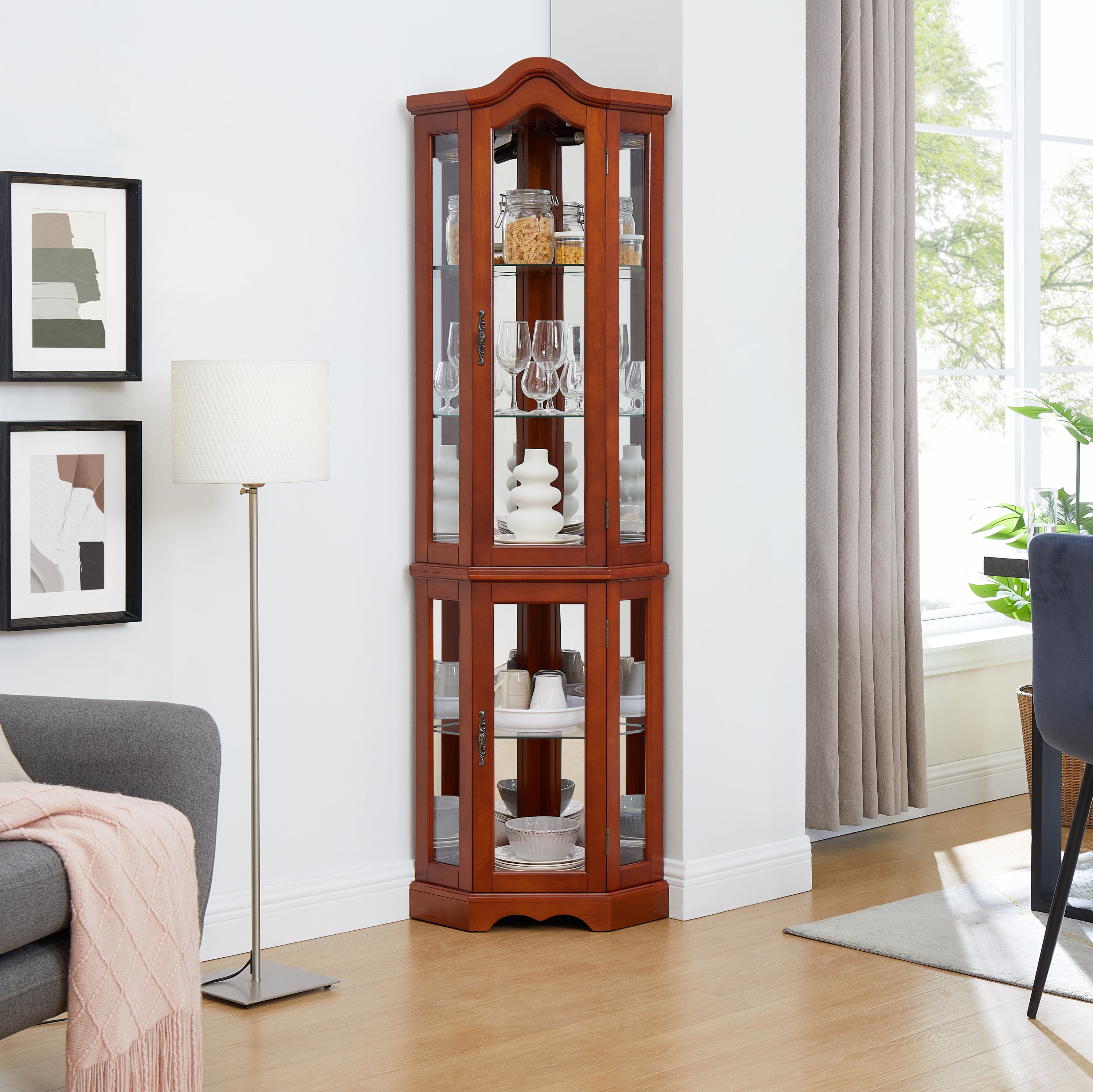 HAOYYE Corner Curio Cabinet with Adjustable Tempered Glass Shelves, Mirrored Back, LED Lights, Elegant Display Cabinet in Walnut Finish, Sturdy Space-Saving Design, Modern Heavy Duty Storage for Home, Office, Living Room