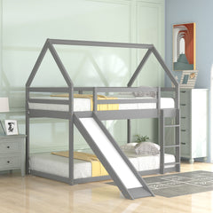 HAOYYE Twin Size Bunk House Bed with Slide and Ladder,Gray Sturdy Space-Saving Heavy Duty Modern Design Adults Dorm Room Easy Assembly Bedroom Furniture