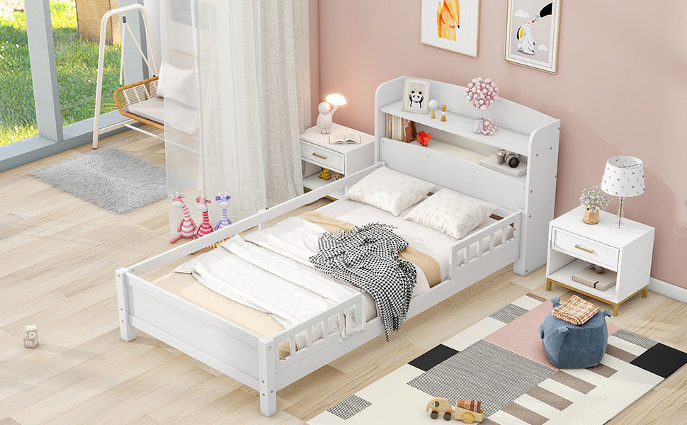 HAOYYE Wood Twin Size Platform Bed with Built-in LED Light, Storage Headboard and Guardrail, White Sturdy Space-Saving Heavy Duty Modern Design Adults Dorm Room Easy Assembly Bedroom Furniture