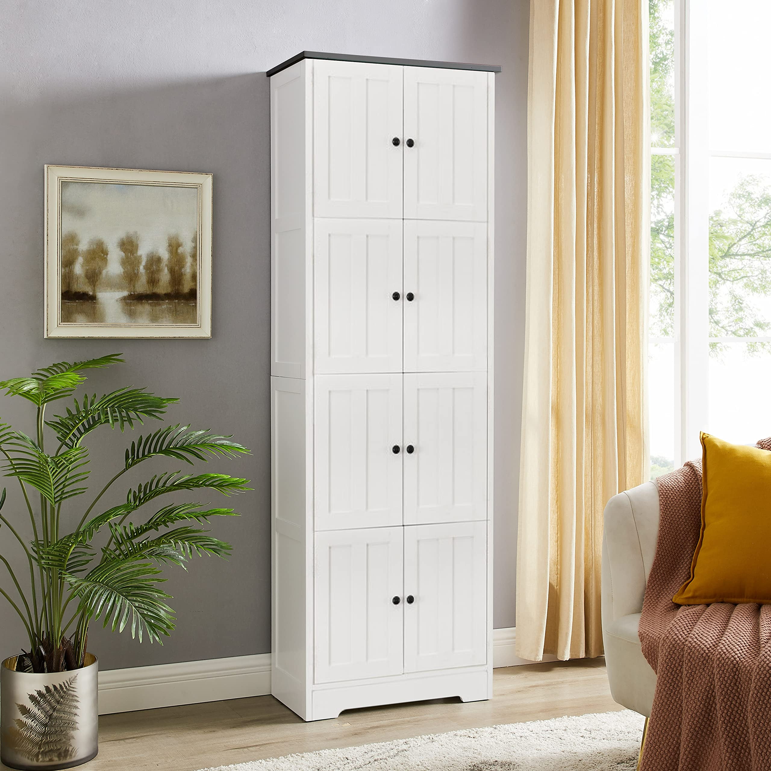 HAOYYE Tall Storage Cabinet with 8 Doors and 4 Shelves, Wall Storage Cabinet for Living Room, Kitchen, Office, Bedroom, Bathroom, White Sturdy Space-Saving Heavy Duty Modern Design Adults Dorm Room