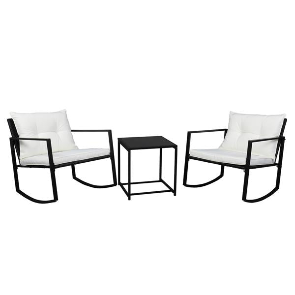 HAOYYE 3 Piece Outdoor Rocking Chair Set with Coffee Table, Black PE Rattan Patio Furniture with Tempered Glass Top and Beige Cushions, Weather Resistant Wicker Conversation Set for Balcony Garden Deck Porch