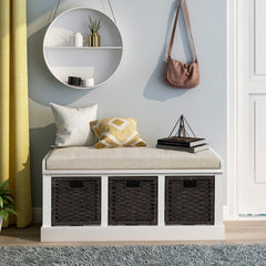 HAOYYE Rustic Storage Bench with 3 Removable Classic Rattan Basket , Entryway Bench Storage Bench with Removable Cushion (White) Sturdy Space-Saving Heavy Duty Modern Design Easy Assembly Durable