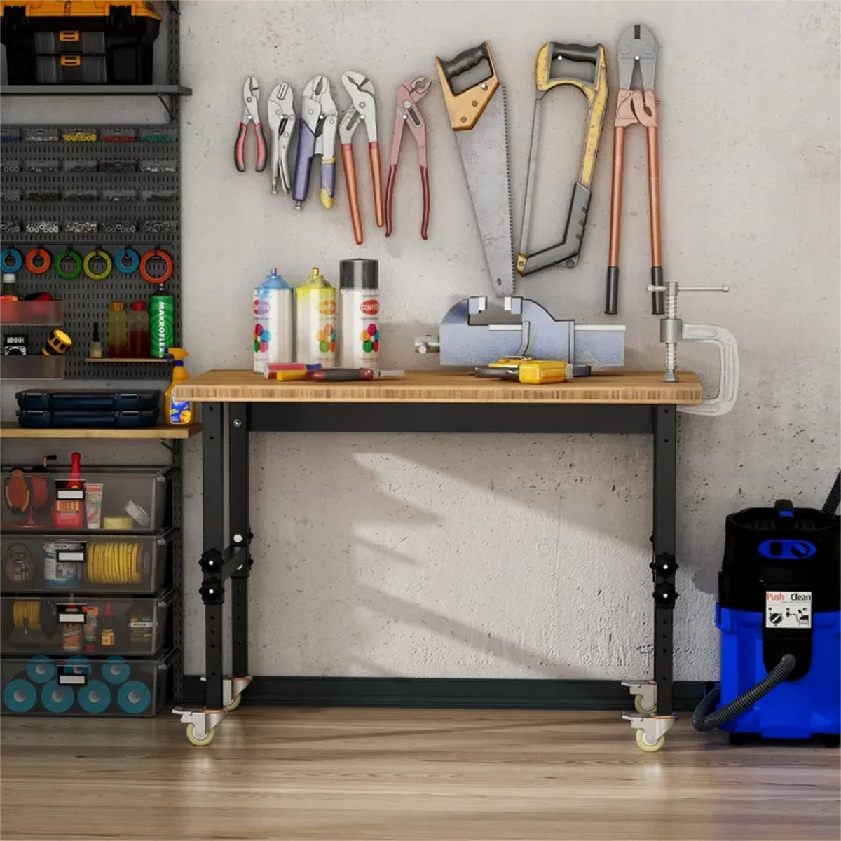 HAOYYE Garage Work Bench with Wheels and Adjustable Legs Bamboo Top Workstation Heavy Duty Rolling Tool Table for Workshop Garage Home Office Storage and Organization