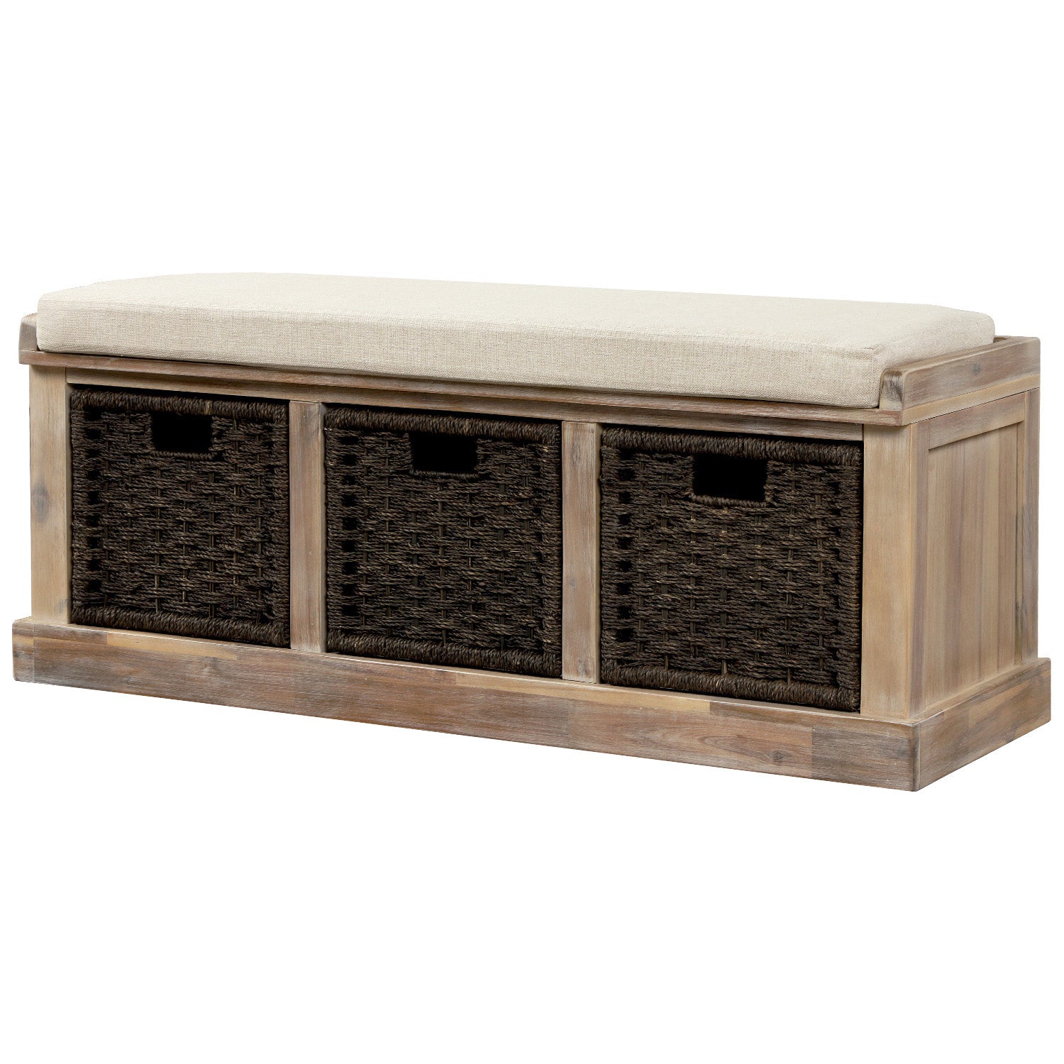 HAOYYE Rustic Storage Bench with 3 Removable Classic Rattan Basket , Entryway Bench with Removable Cushion (White Washed) Sturdy Space-Saving Heavy Duty Modern Design Easy Assembly Durable Stylish