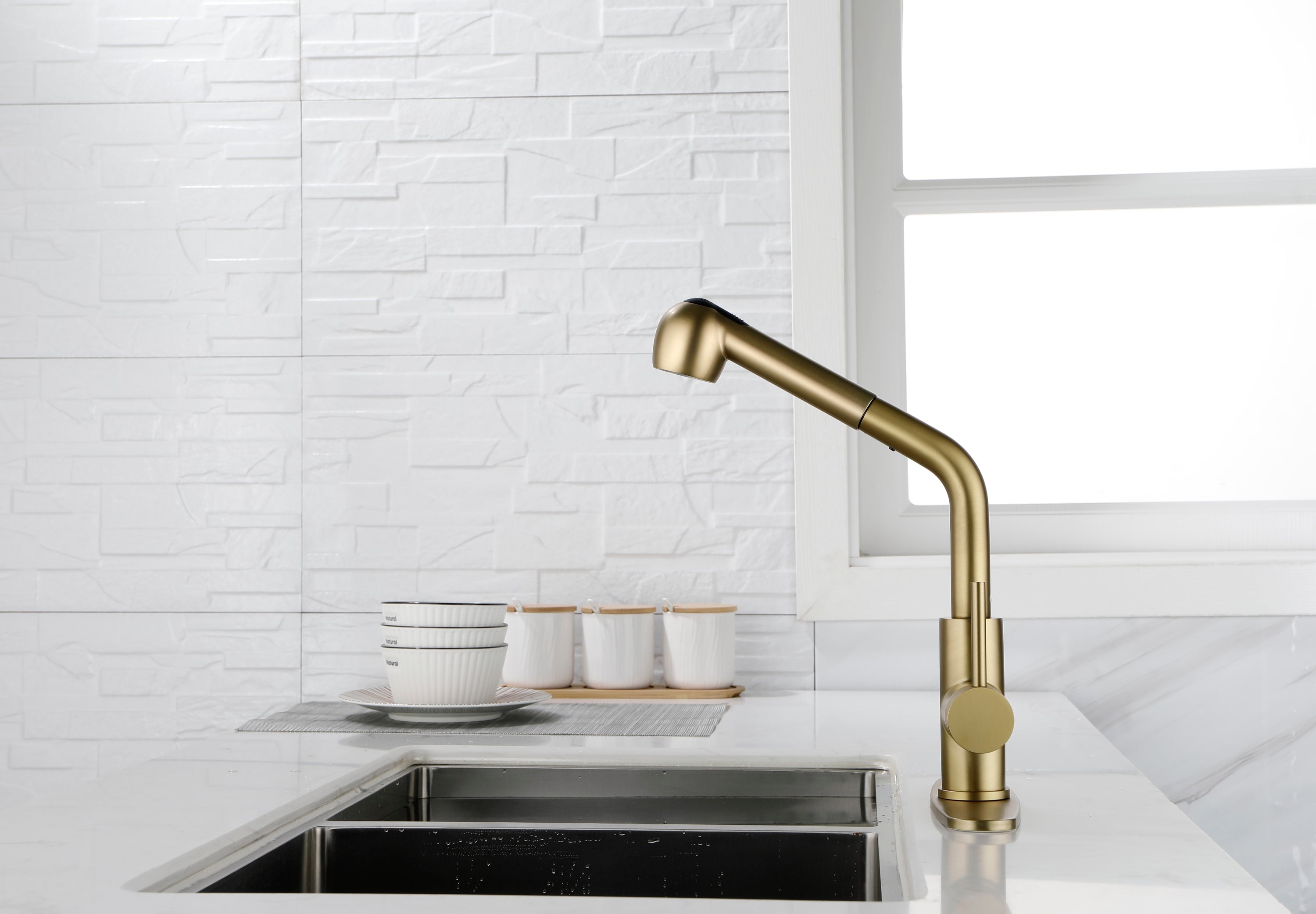 Haoyye Single-Handle Pull-Out Utility Sink Faucet, Stainless Steel High Arc Faucet with Dual Spray Function and 360° Swivel Spout, Easy DIY Installation, Spot-Resistant Finish, Modern Heavy Duty Design for Laundry Room, Kitchen, or Utility Sink