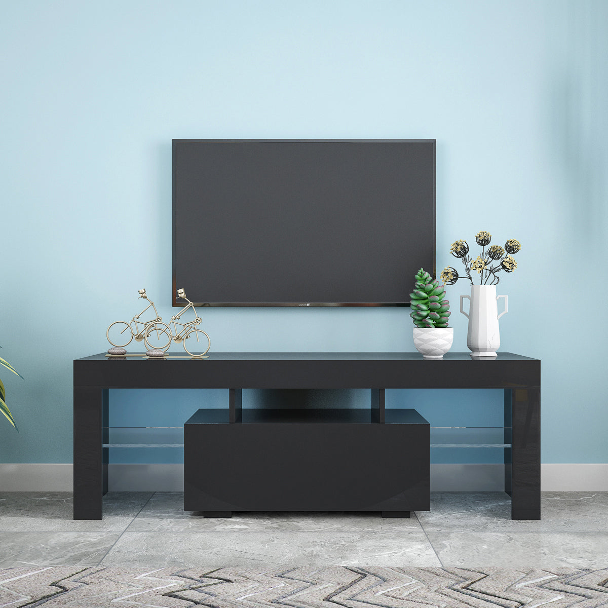HAOYYE Black TV Stand with LED RGB Lights,Flat Screen TV Cabinet, Gaming Consoles - in Lounge Room, Living Room and Bedroom(Black) Sturdy Space-Saving Heavy Duty Modern Design Easy Assembly Durable Stylish