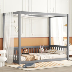 HAOYYE Twin Size Canopy Frame Floor Bed with Fence, Guardrails,Grey Sturdy Space-Saving Heavy Duty Modern Design Adults Dorm Room Easy Assembly Bedroom Furniture