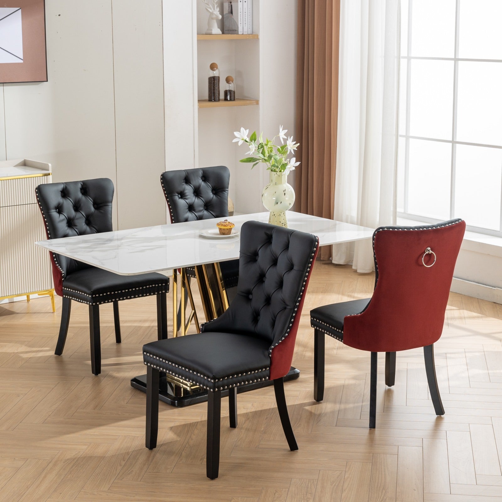 HAOYYE Nikki Collection Modern, High-end Tufted Solid Wood Contemporary PU and Velvet Upholstered Dining Chair with Wood Legs Nailhead Trim 2-Pcs Set, Black+WineRed, Burgundy,SW2101BW Sturdy
