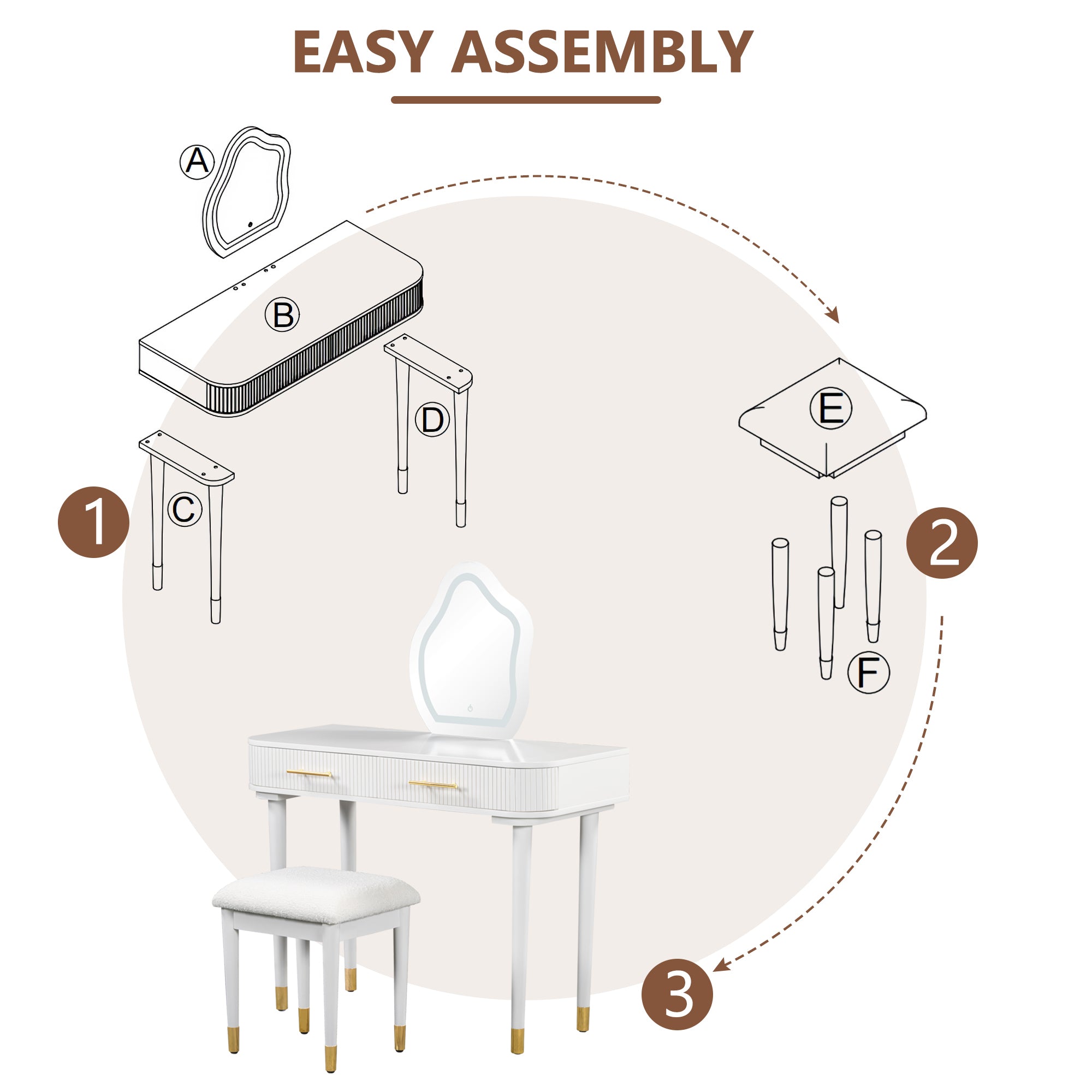 HAOYYE 40" Modern Vanity Table Set with Mirror Touch Screen Lighted Mirror, Dressing Table and Cushioned Stool Set with 2 Large Drawers, White