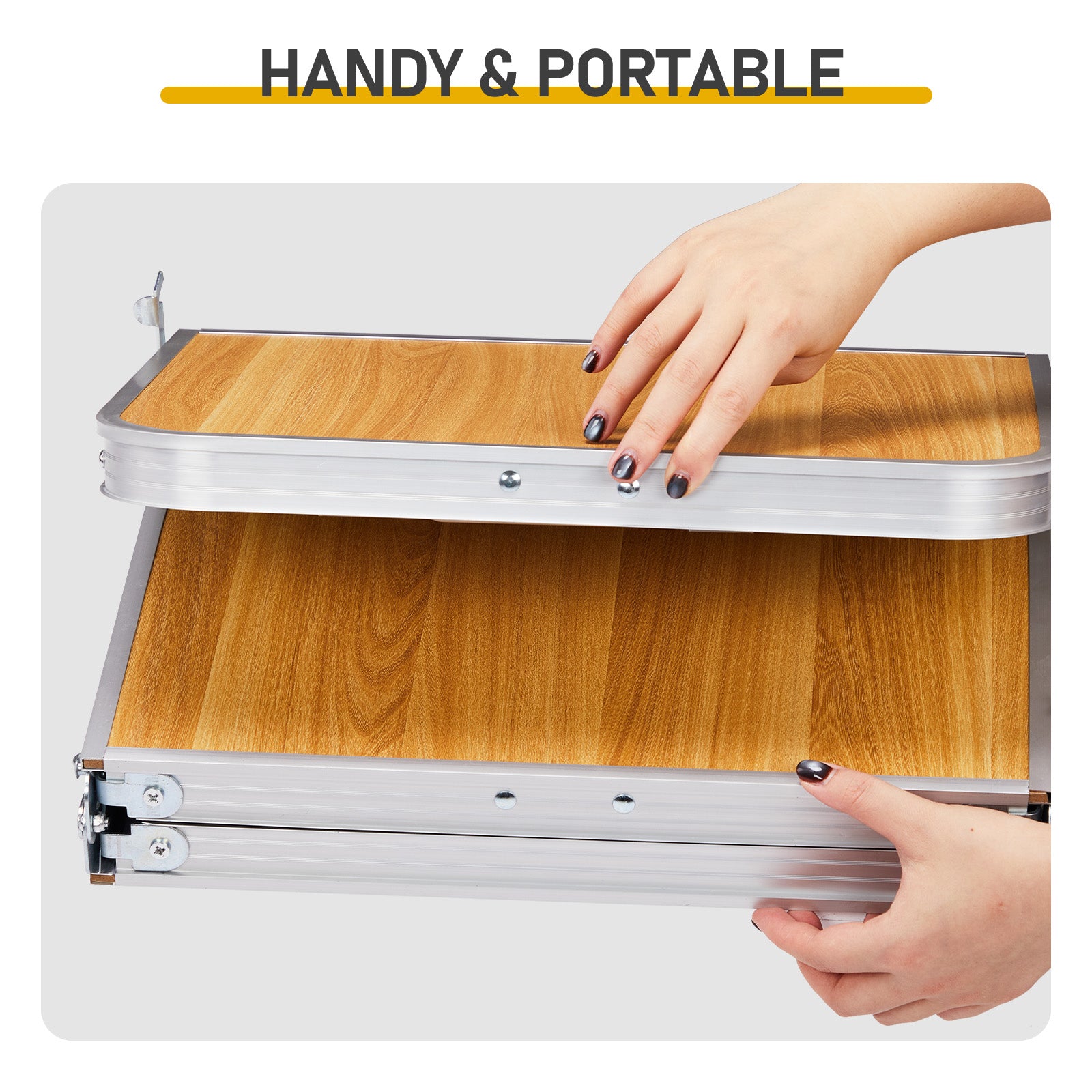 HAOYYE Wooden Pattern with 3 Adjustable Height Outdoor Folding Camping Table, Portable Aluminum Foldable Patio Side Table, Lightweight and Durable Design with Carry Handle for Hiking, Picnic, BBQ, Beach, Indoor or Outdoor Use
