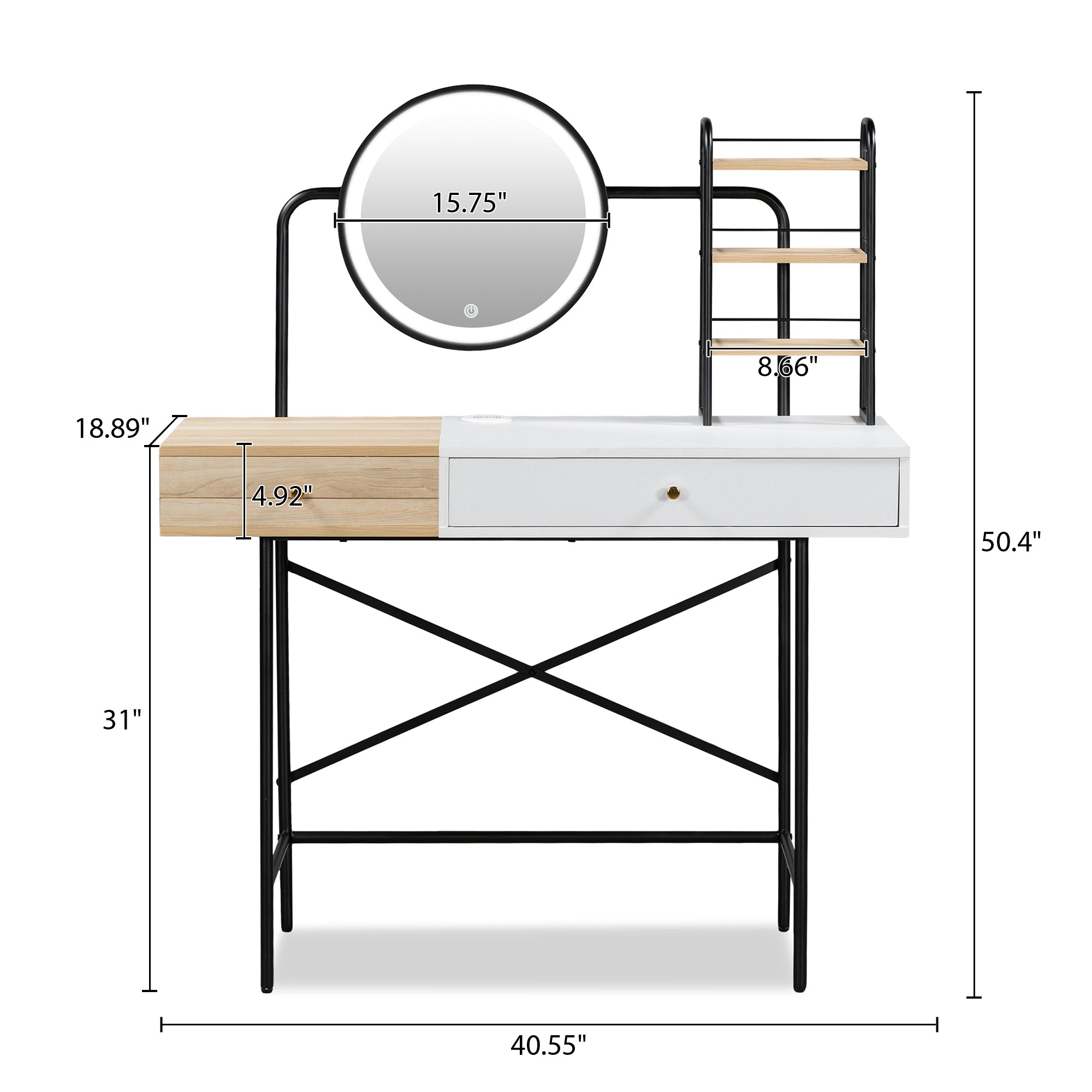 HAOYYE GO 40" Makeup Vanity Desk with 3-Mode Lighted Mirror & Wireless Charging Station , Vanity Table with Drawer & 3 Open Shelves for Ample Storage Space, Dressing Table for Bedroom, White