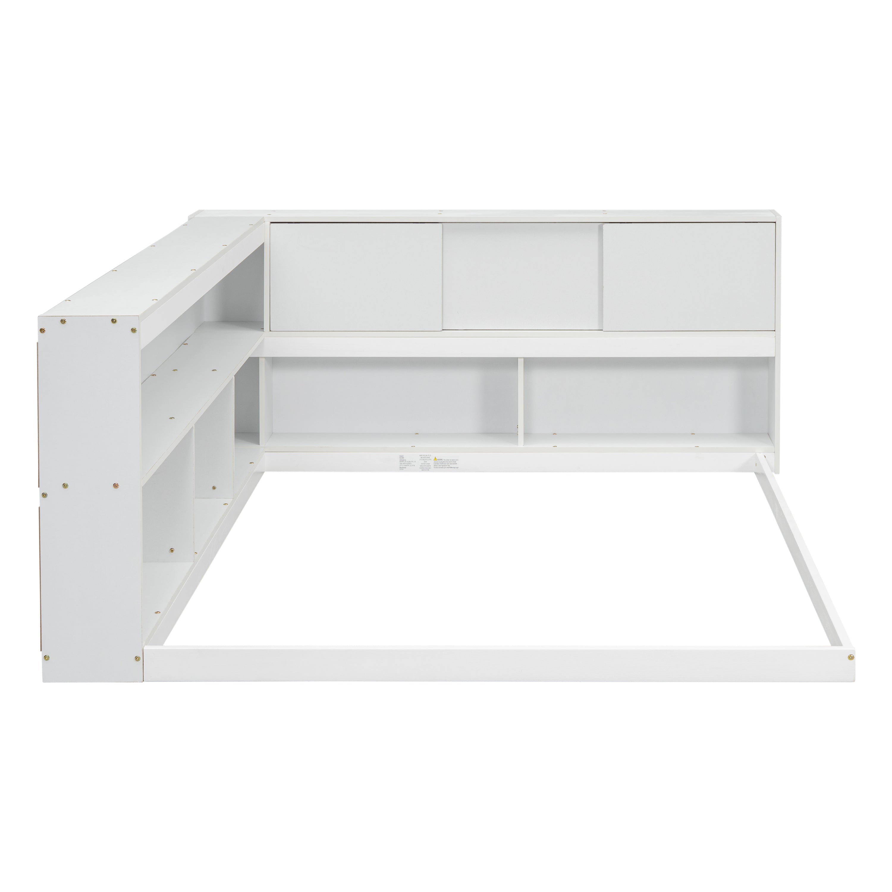 HAOYYE Full Floor Bed with L-shaped Bookcases, sliding doors,without slats,White Sturdy Space-Saving Heavy Duty Modern Design Easy Assembly Durable Stylish Home Furniture Versatile