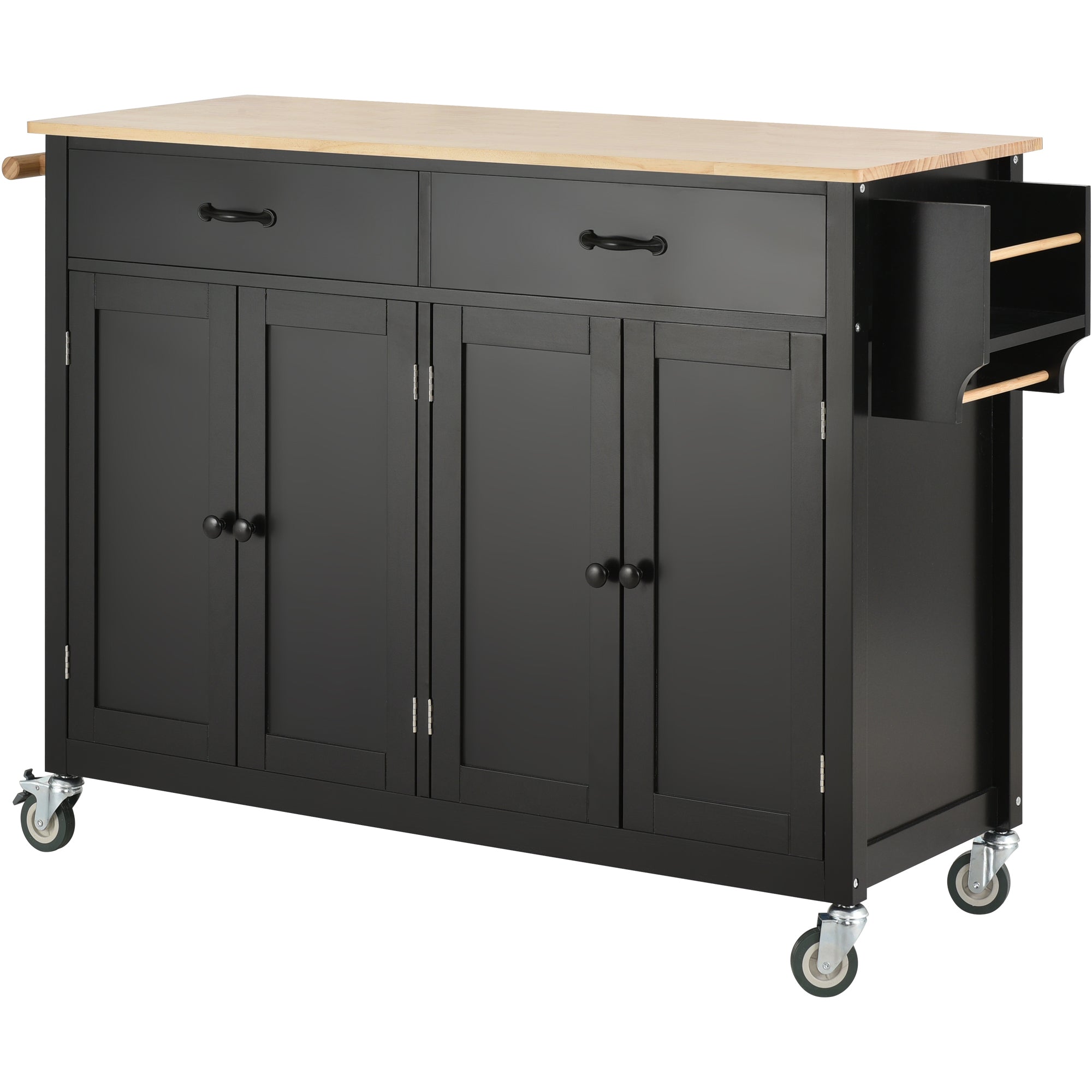 HAOYYE Kitchen Island Cart with Solid Wood Top, 4-Door Cabinet, Two Drawers, Spice Rack, and Towel Rack, Black Modern Kitchen Storage, Heavy Duty, Space-Saving Design, Mobile Island for Kitchen or Dining Room