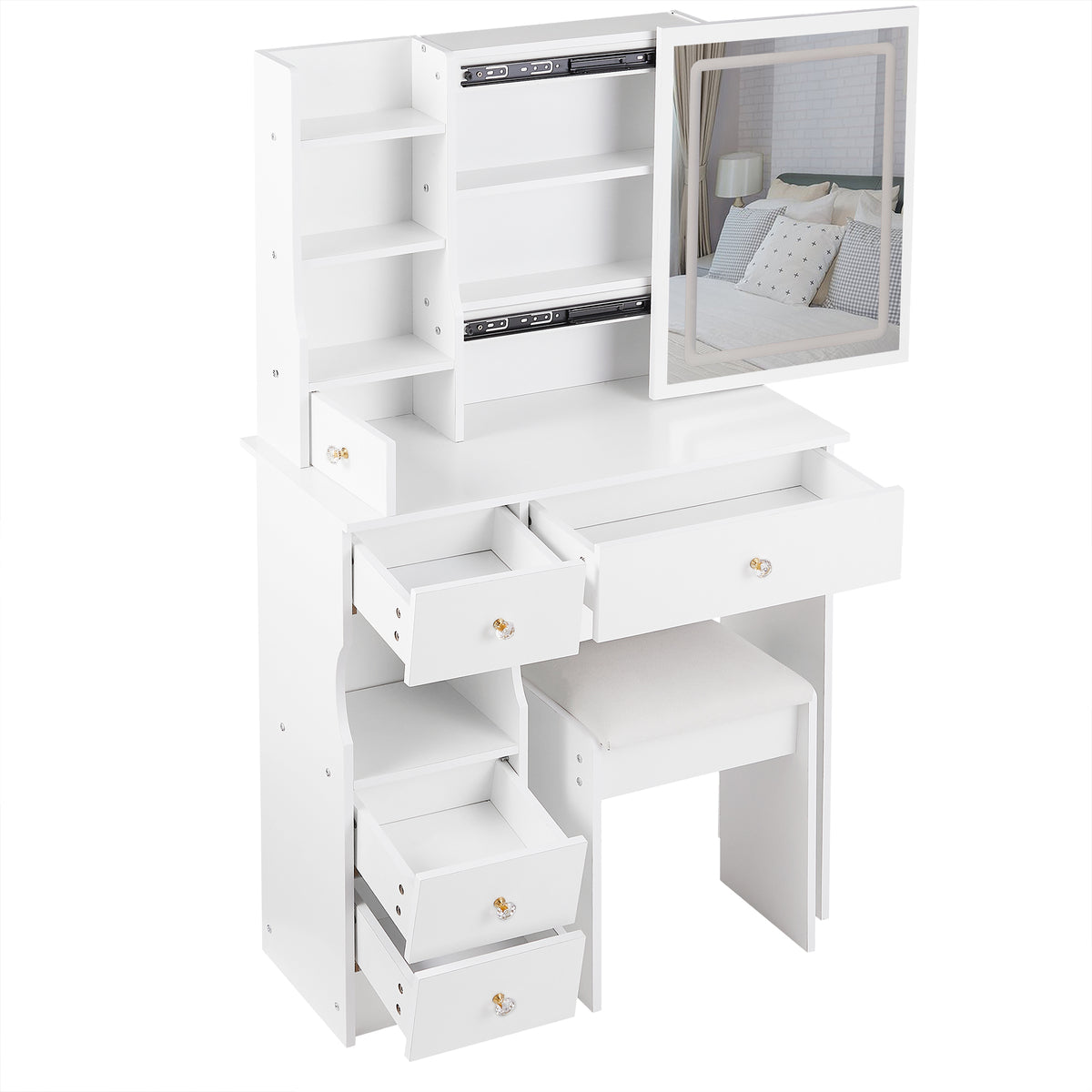 HAOYYE Small Left Drawer Desktop Vanity Table with Cushioned Stool, Touch Control Sliding LED Mirror, Tri-Color Lighting, Brightness Adjustment, Multi-Layer Storage, Ideal for Small Spaces