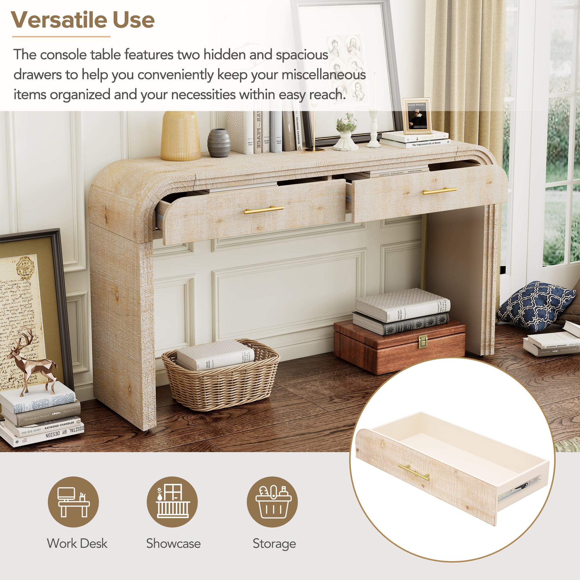 HAOYYE Unique Retro Silhouette Console Table with Open Style, Two Top Drawers for Entrance, Dining Room, Living Room, Natural Wood Wash Finish, Sturdy Space-Saving Heavy Duty Modern Design, Ideal for Adults