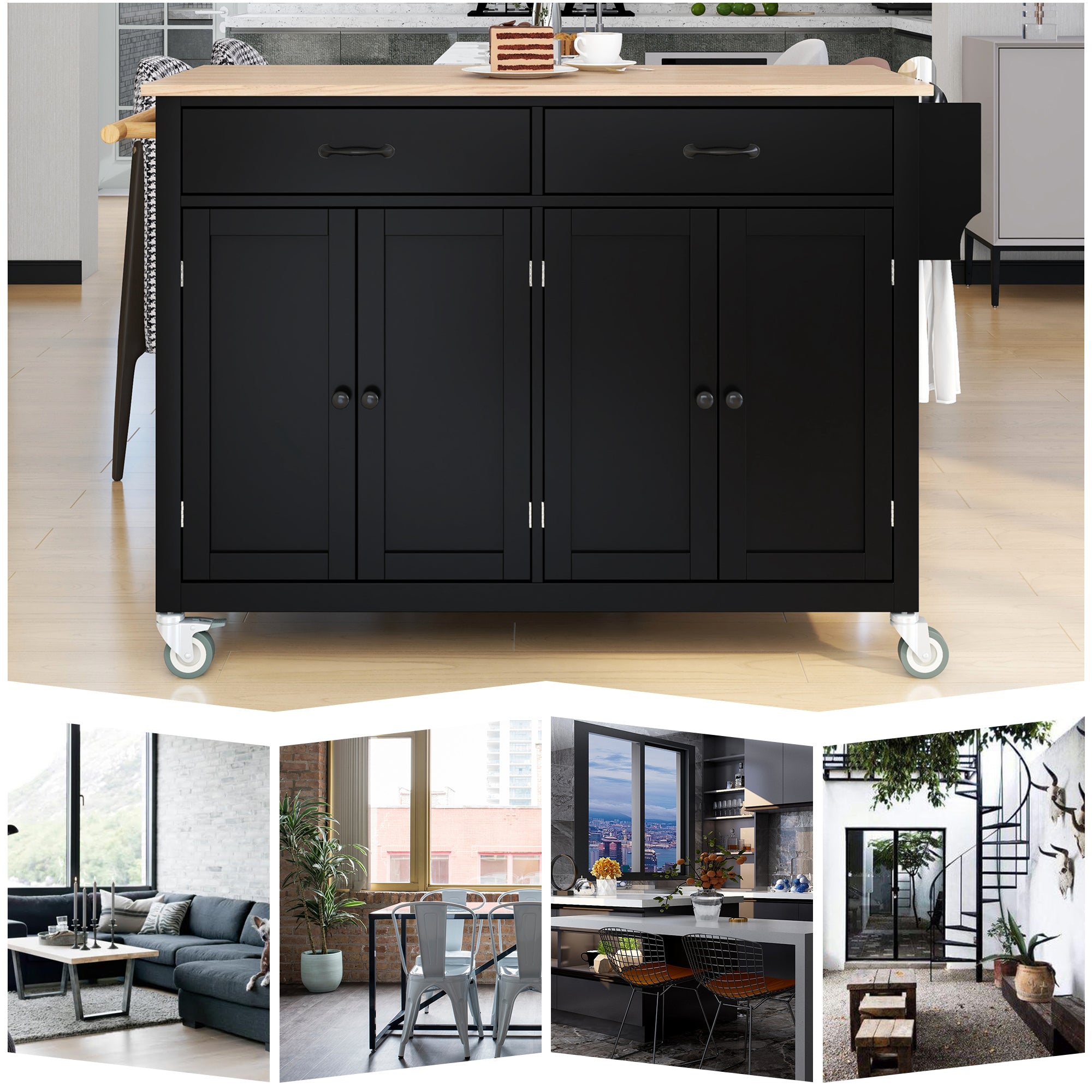 HAOYYE Kitchen Island Cart with Solid Wood Top, 4-Door Cabinet, Two Drawers, Spice Rack, and Towel Rack, Black Modern Kitchen Storage, Heavy Duty, Space-Saving Design, Mobile Island for Kitchen or Dining Room
