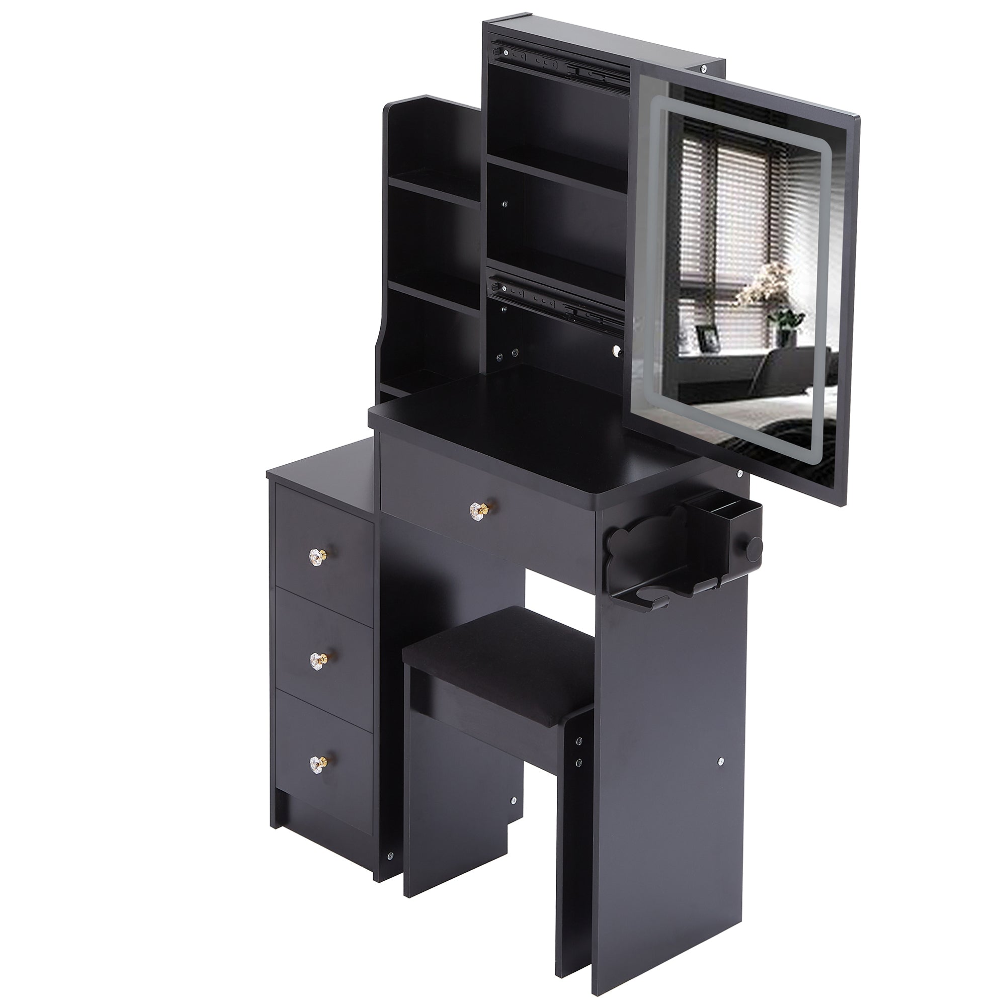HAOYYE Small Size Left Bedside Cabinet Vanity Table + Cushioned Stool, 2 AC+2 USB Power Station, Hair dryer bracket, Extra Large Touch Control Sliding LED Mirror, Tri-color Switching, EPA,GCC,UL Certificate