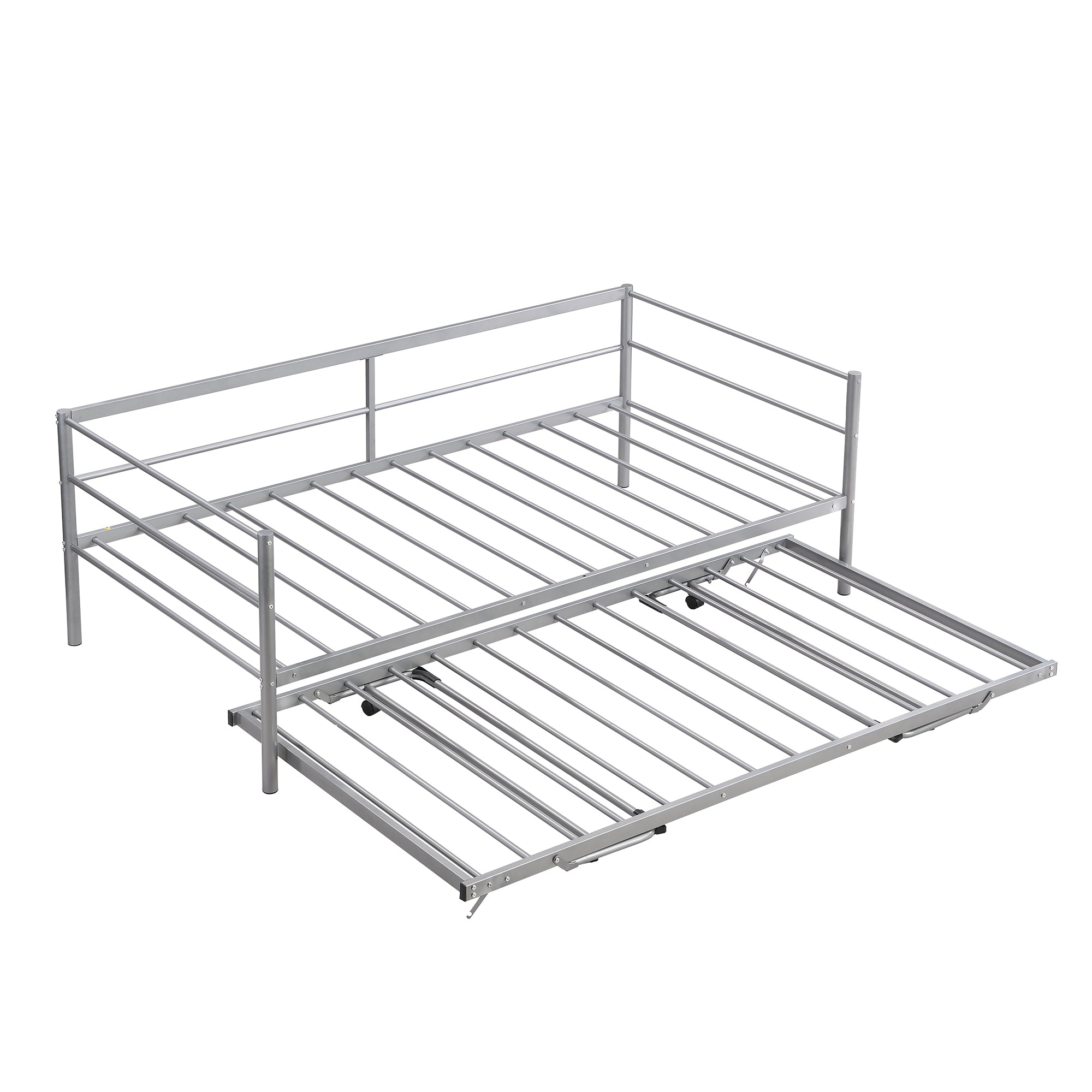 HAOYYE Twin Size Metal Daybed with Adjustable Trundle, Pop Up Trundle, Silver Sturdy Space-Saving Heavy Duty Modern Design Adults Dorm Room Easy Assembly Bedroom Furniture