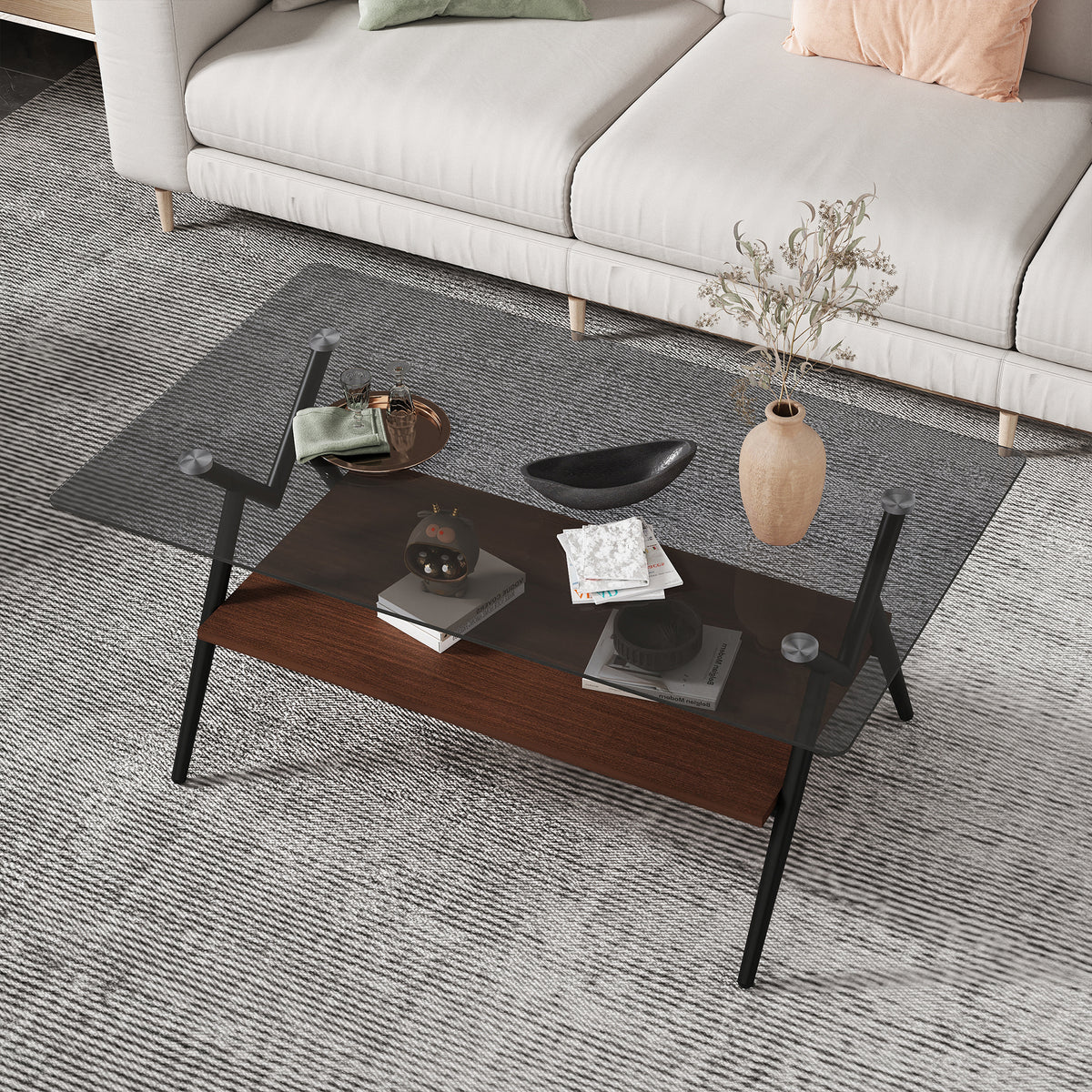 HAOYYE Rectangle Coffee Table with Tempered Glass top and Brown MDF Shelf, Modern Table for Living Room, Gray Glass Sturdy Space-Saving Heavy Duty Modern Design Adults Dorm Room Easy Assembly
