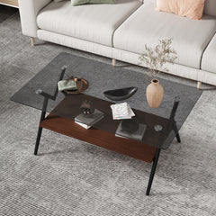HAOYYE Rectangle Coffee Table with Tempered Glass top and Brown MDF Shelf, Modern Table for Living Room, Gray Glass Sturdy Space-Saving Heavy Duty Modern Design Adults Dorm Room Easy Assembly