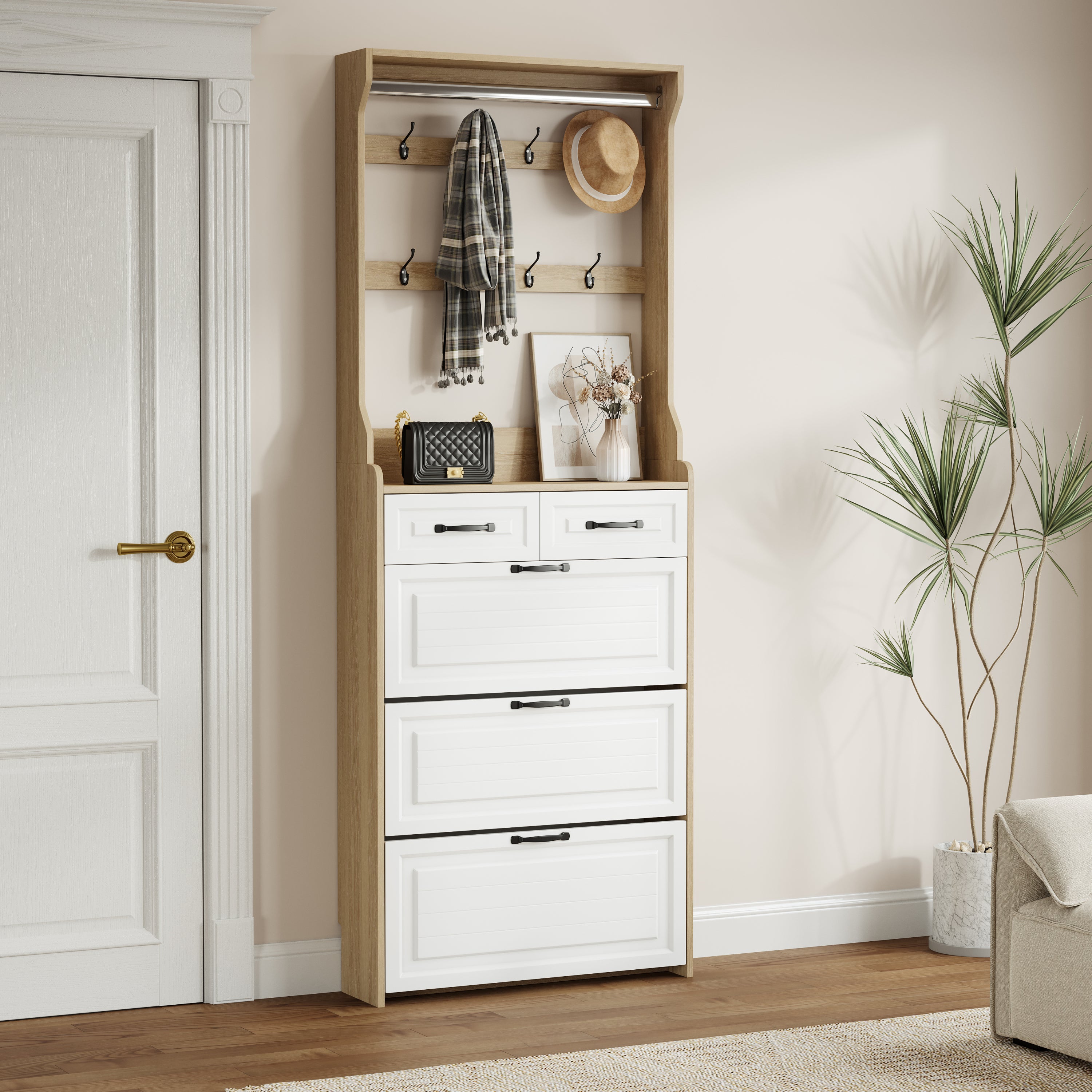 HAOYYE Oak Shoe Cabinet With 3 Doors And 2 Drawers, Large Storage Capacity With Hanger, Modern Sturdy Space-Saving Design For Bedrooms, Dorm Rooms, And Entryways, Heavy Duty And Easy To Assemble