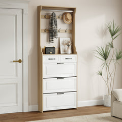 HAOYYE Oak Shoe Cabinet With 3 Doors And 2 Drawers, Large Storage Capacity With Hanger, Modern Sturdy Space-Saving Design For Bedrooms, Dorm Rooms, And Entryways, Heavy Duty And Easy To Assemble
