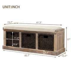 HAOYYE Rustic Storage Bench with 3 Removable Classic Rattan Basket , Entryway Bench with Removable Cushion (White Washed) Sturdy Space-Saving Heavy Duty Modern Design Easy Assembly Durable Stylish