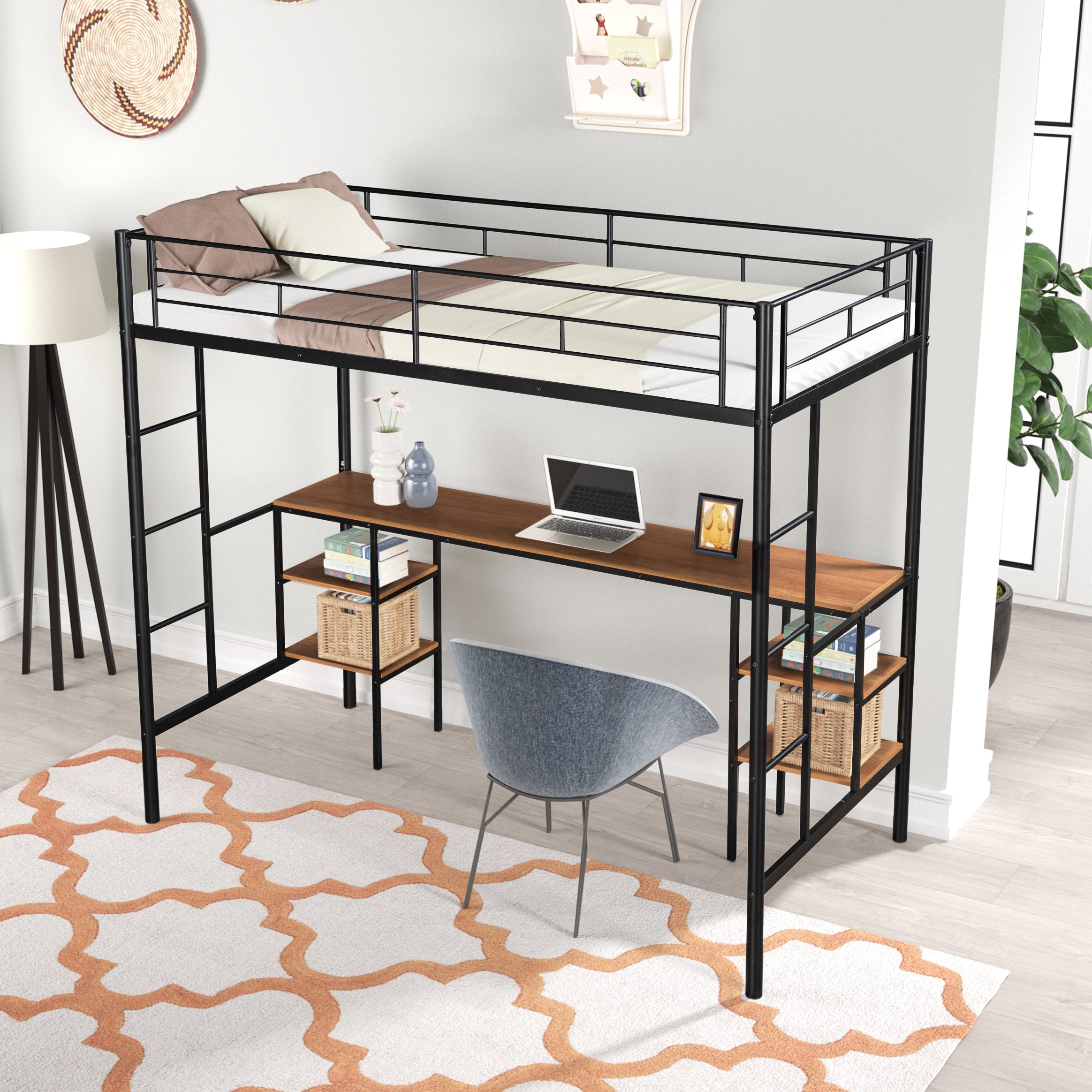 HAOYYE Twin-Size Loft Bed With Table And Shelves, Heavy-Duty Metal Construction, Noise-Reduced Design, Safety Guardrail, Two Side Ladders, CPC Certified, No Box Spring Required, Space-Saving Loft Bed For Modern Living Spaces