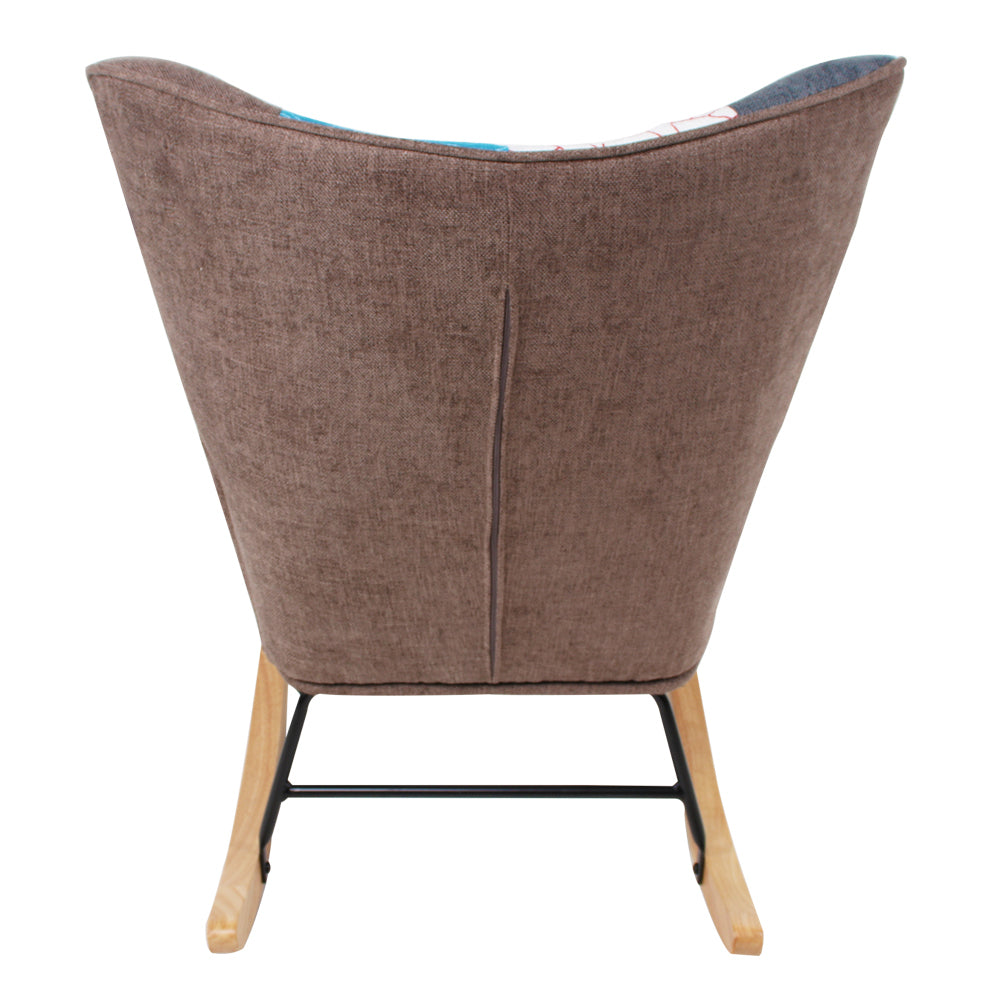 Haoyye Mid-Century Modern Rocking Chair with Patchwork Linen Upholstery, Fabric Accent Rocker with Wood Legs and High Backrest, Comfortable Retro Armchair for Living Room, Bedroom or Lounge, Sturdy Space-Saving Easy Assembly Design